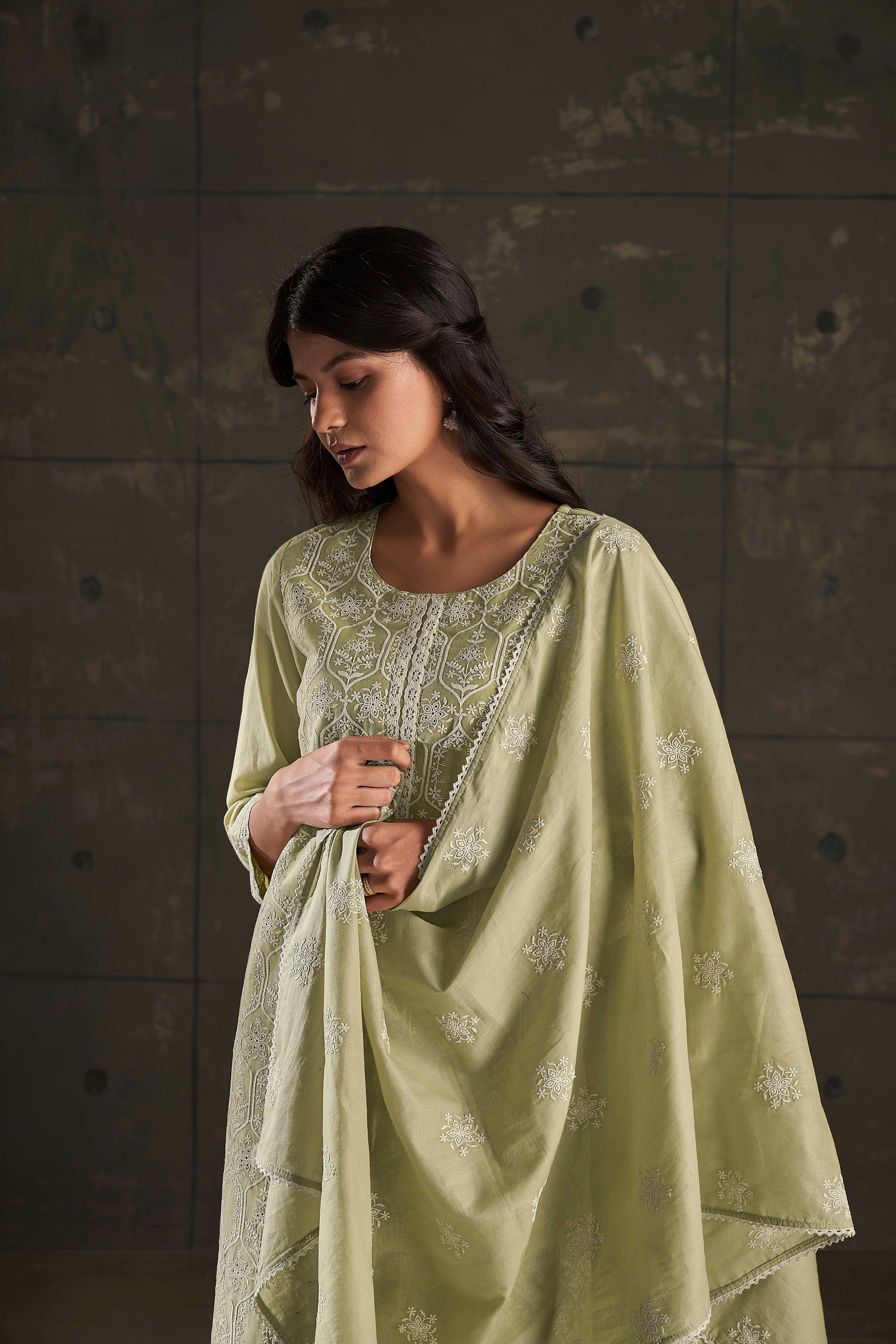 Green Cotton Chikankari Kurta Set-fourbuttons-in