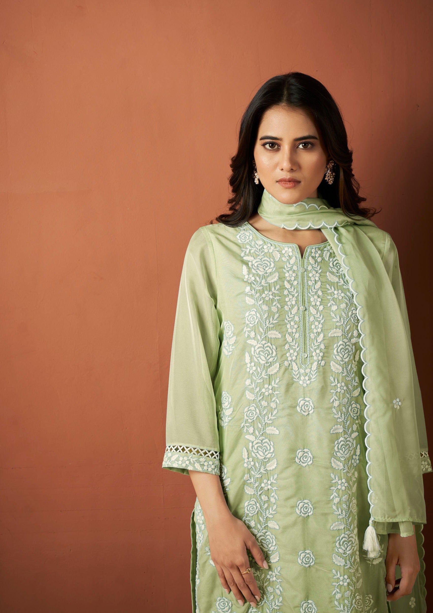 Green Organza Chikankari Kurta Set-fourbuttons-in