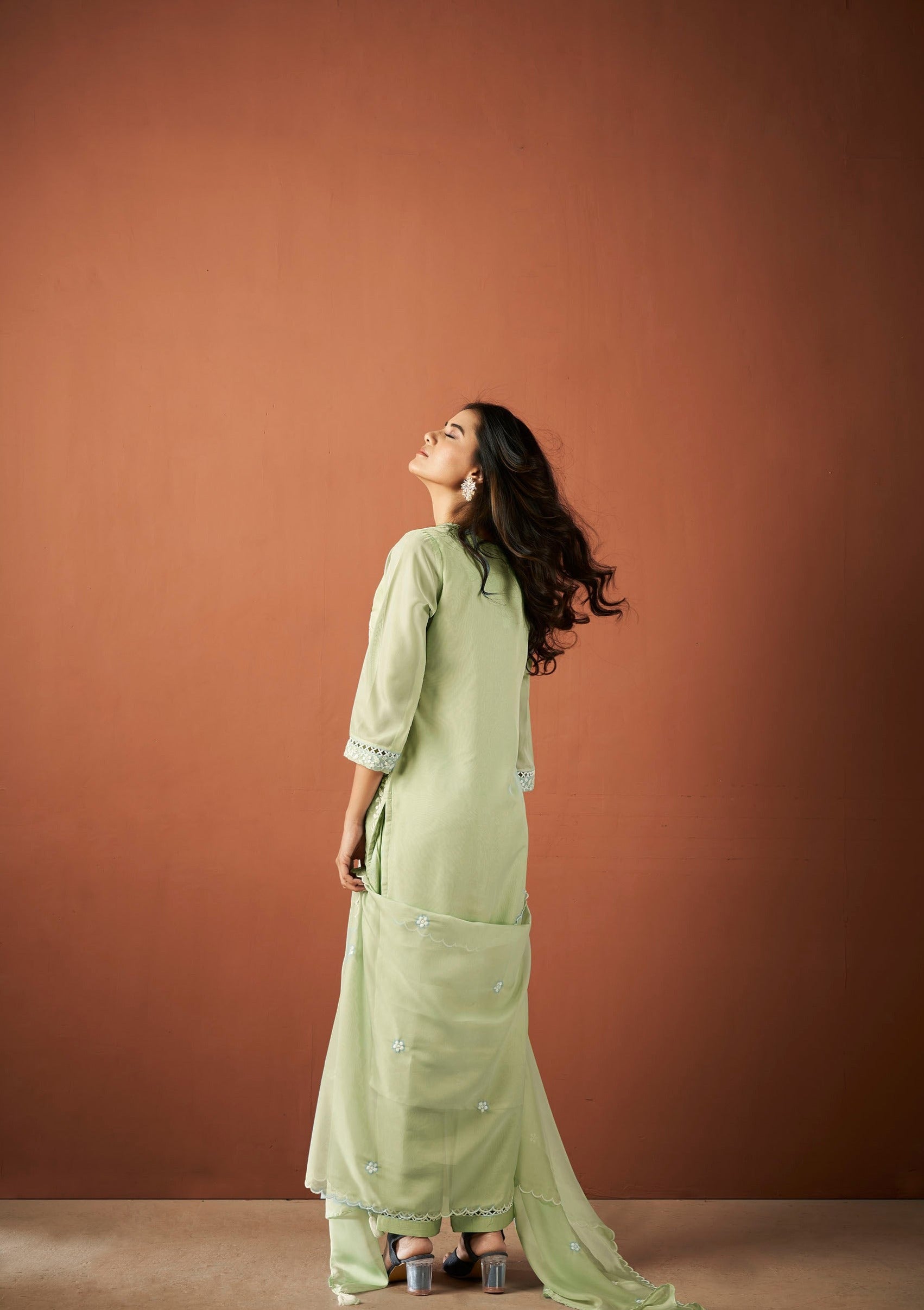 Green Organza Chikankari Kurta Set-fourbuttons-in