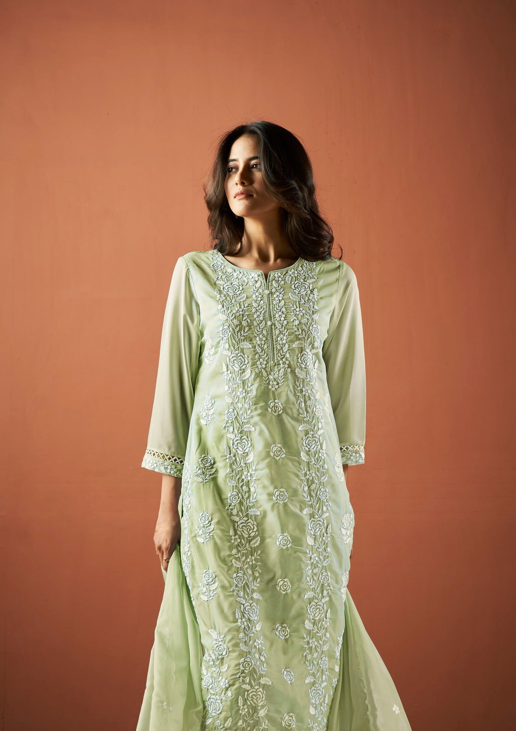 Green Organza Chikankari Kurta Set-fourbuttons-in