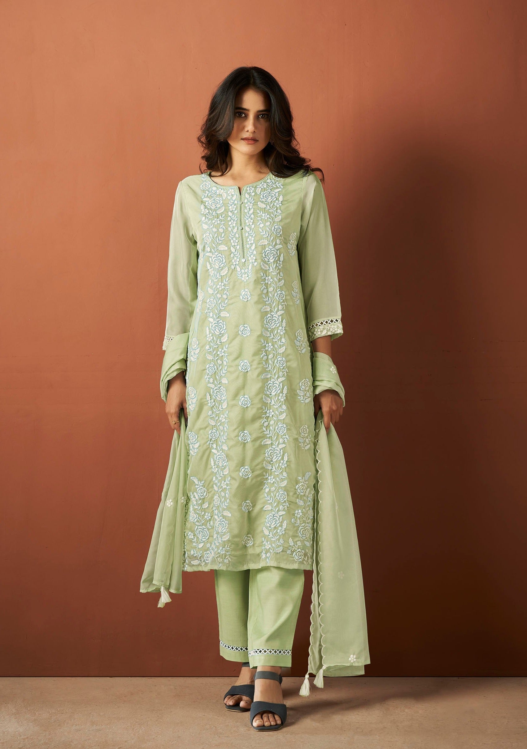 Green Organza Chikankari Kurta Set-fourbuttons-in