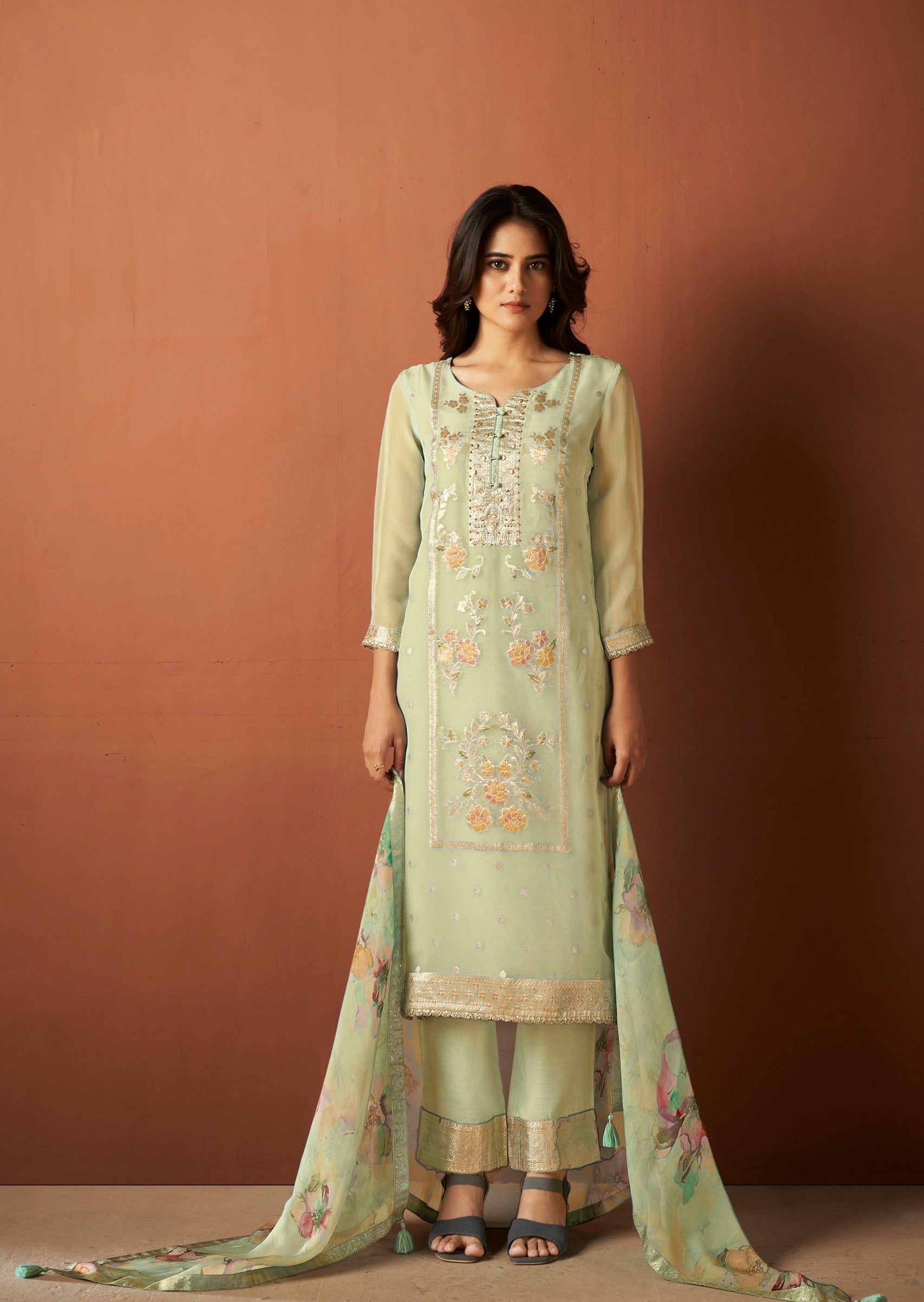 Green Organza Woven Kurta Set-fourbuttons-in