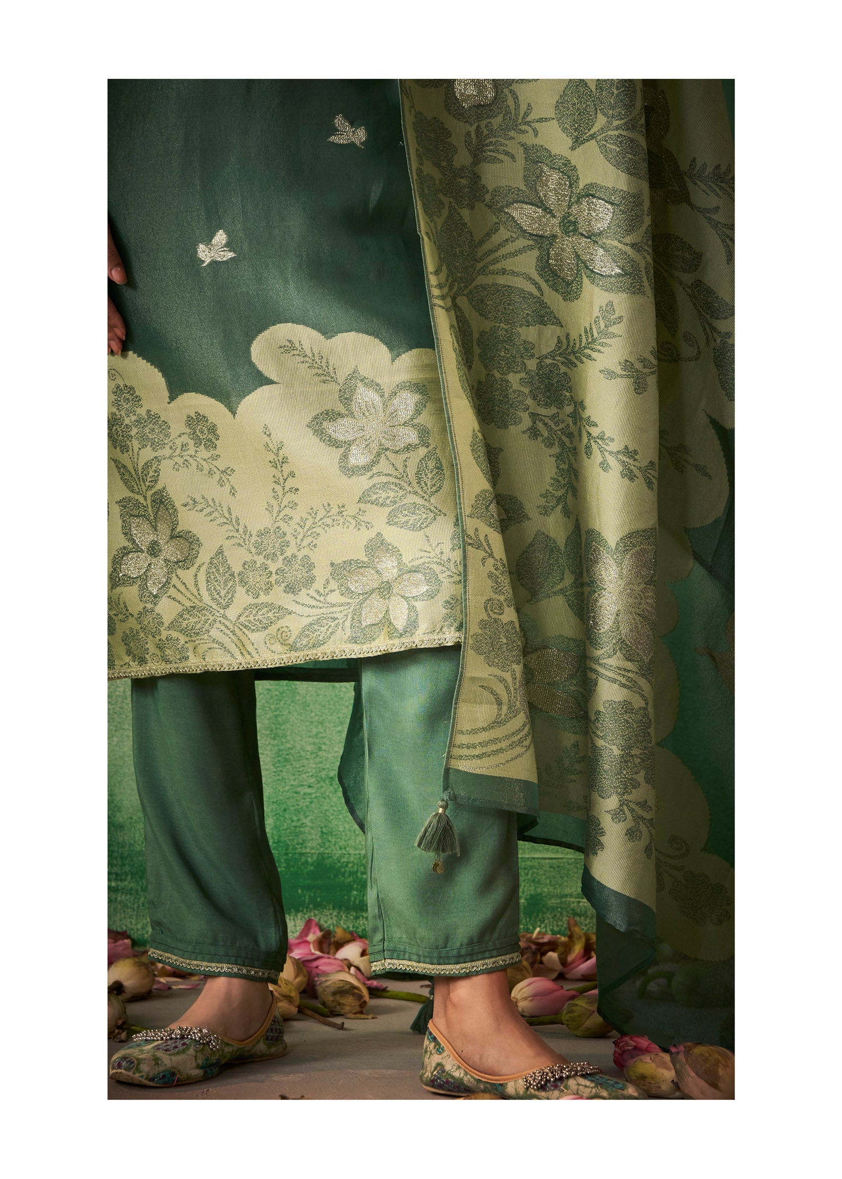 Green Royale Tissue Jacquard Ensemble-fourbuttons-in