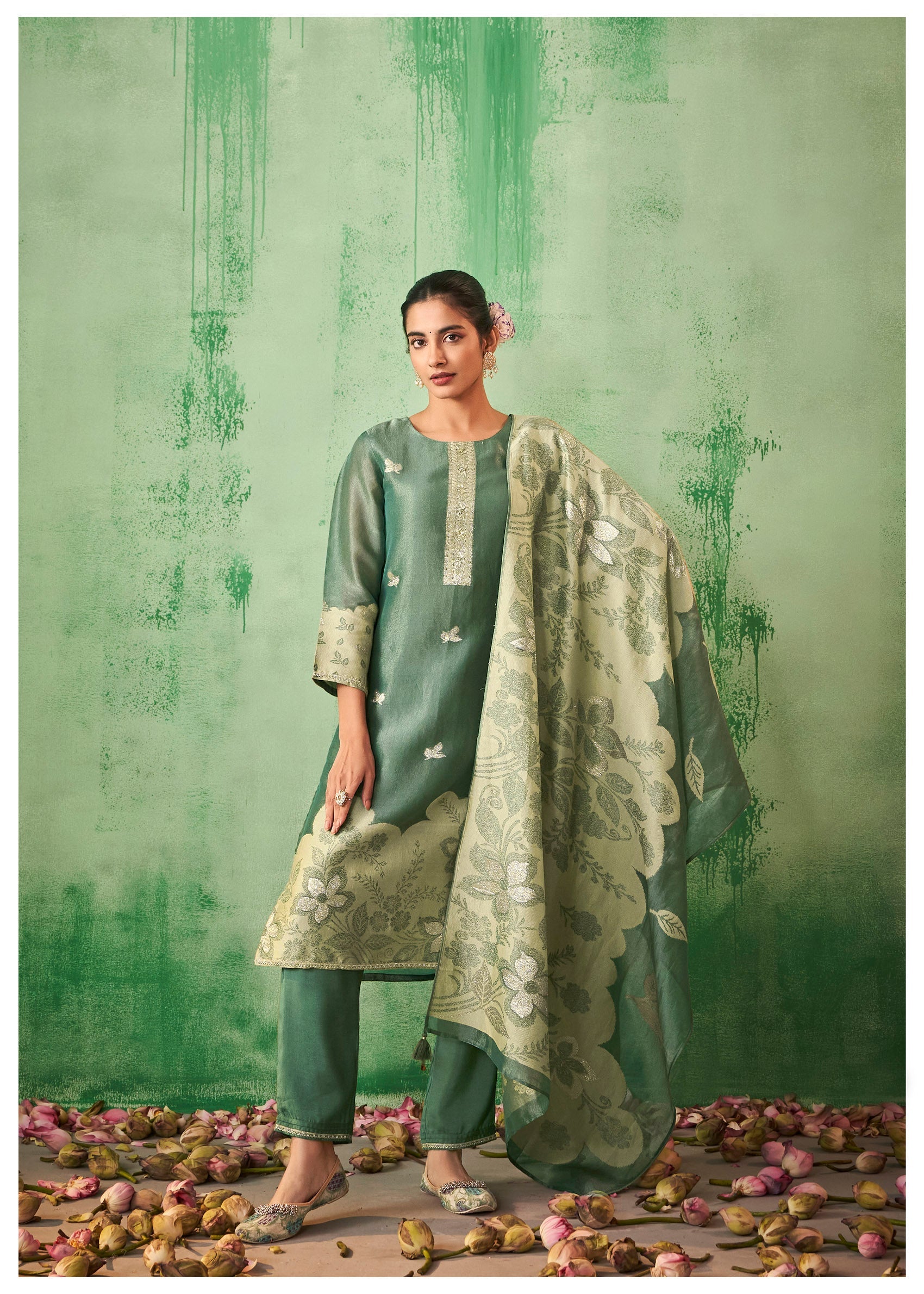 Green Royale Tissue Jacquard Ensemble-fourbuttons-in