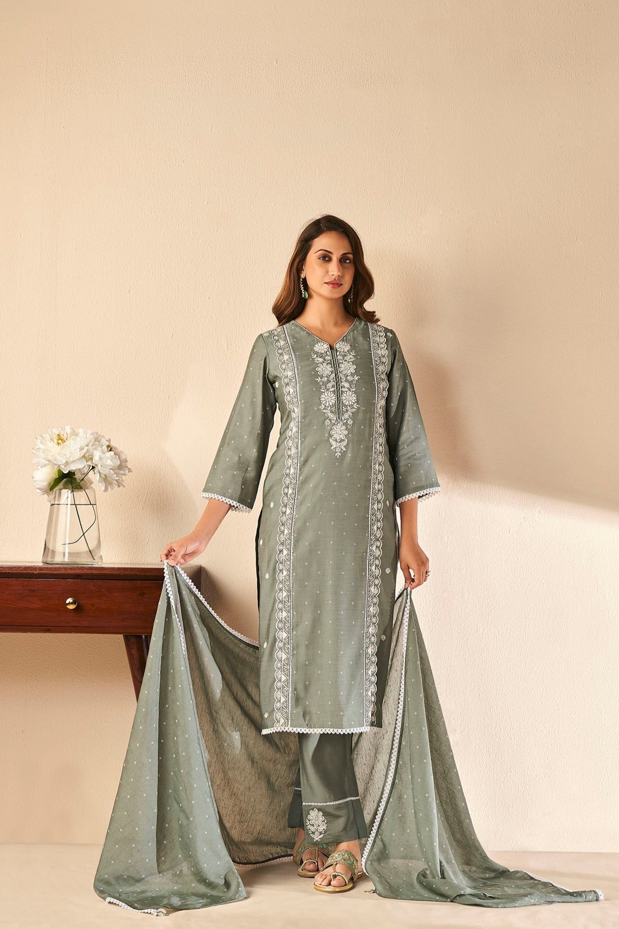 Grey Chikankari Kurta Set-fourbuttons-in