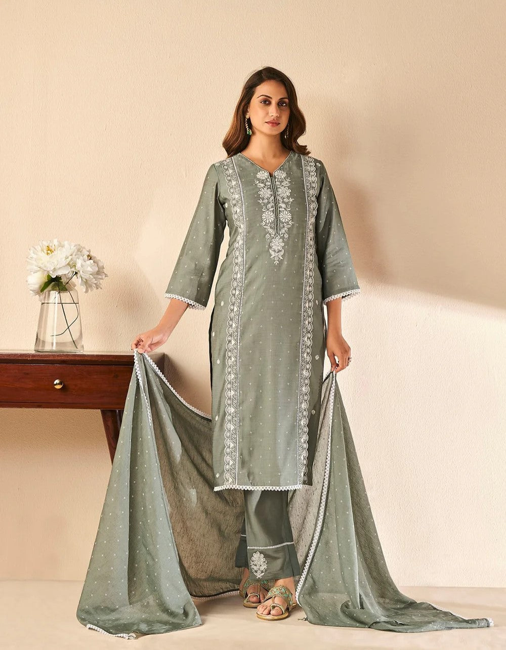 Grey Chikankari Kurta Set-fourbuttons-in