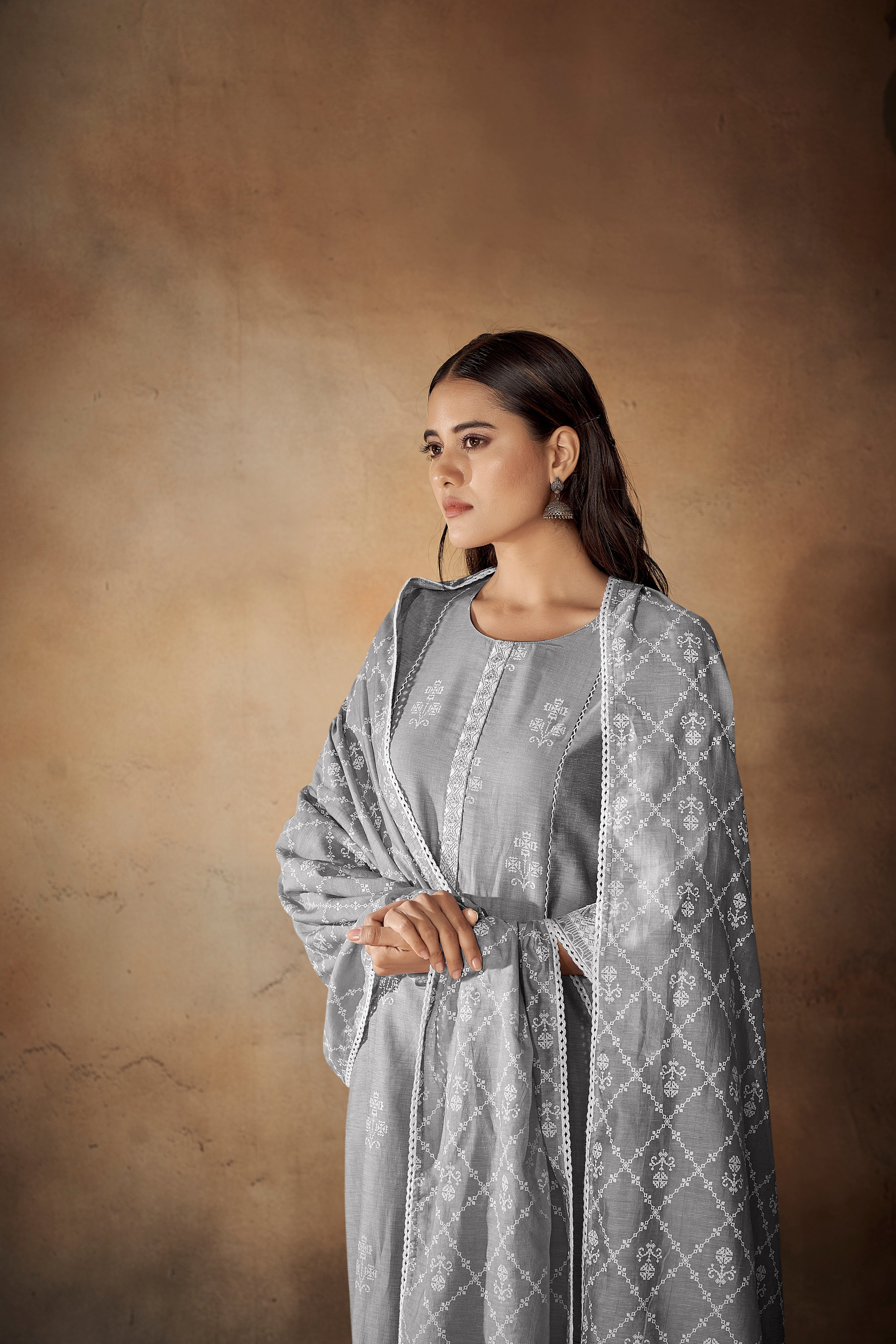 Grey Tawny Modern Chic Silk Kurta Set-fourbuttons-in