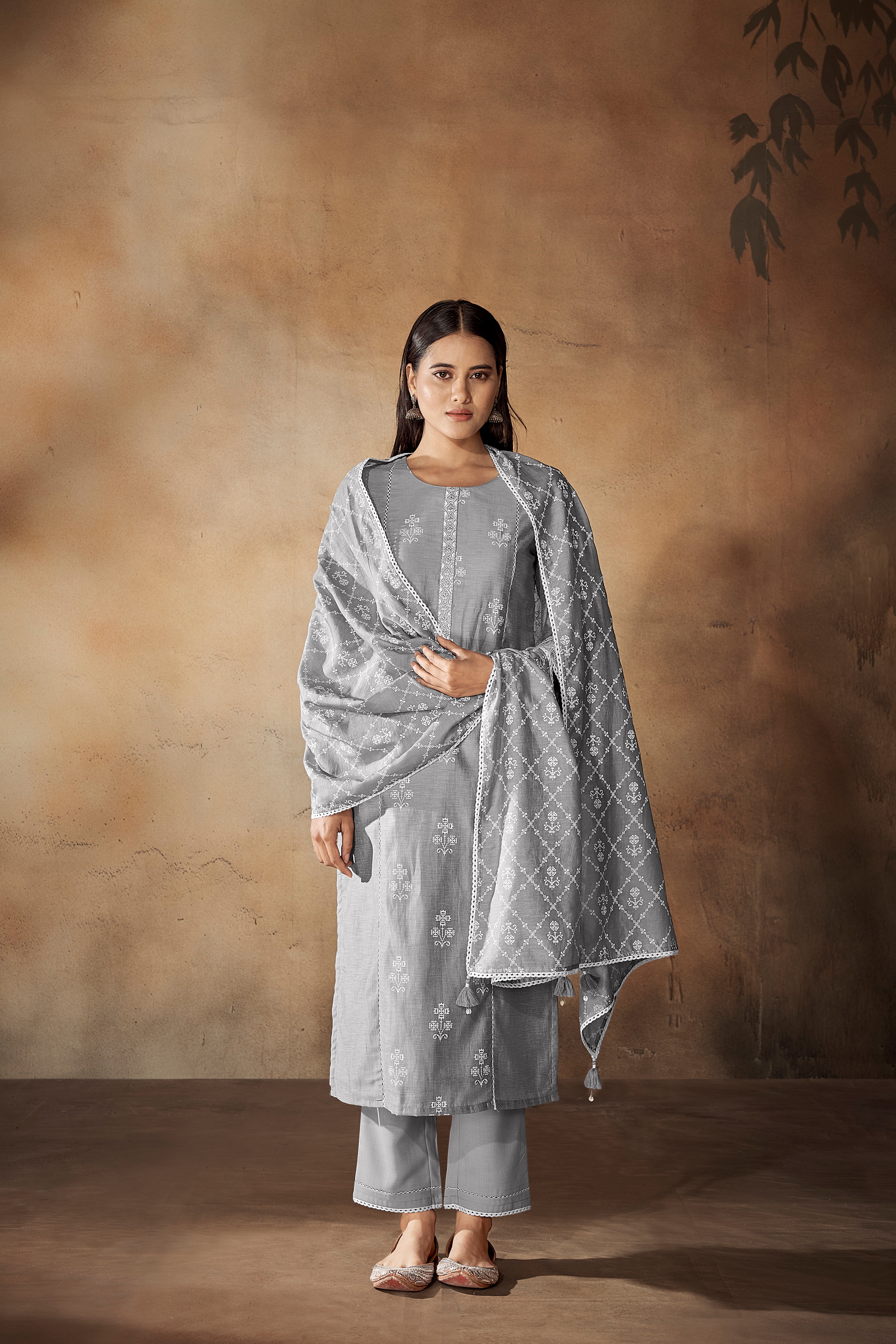 Grey Tawny Modern Chic Silk Kurta Set-fourbuttons-in