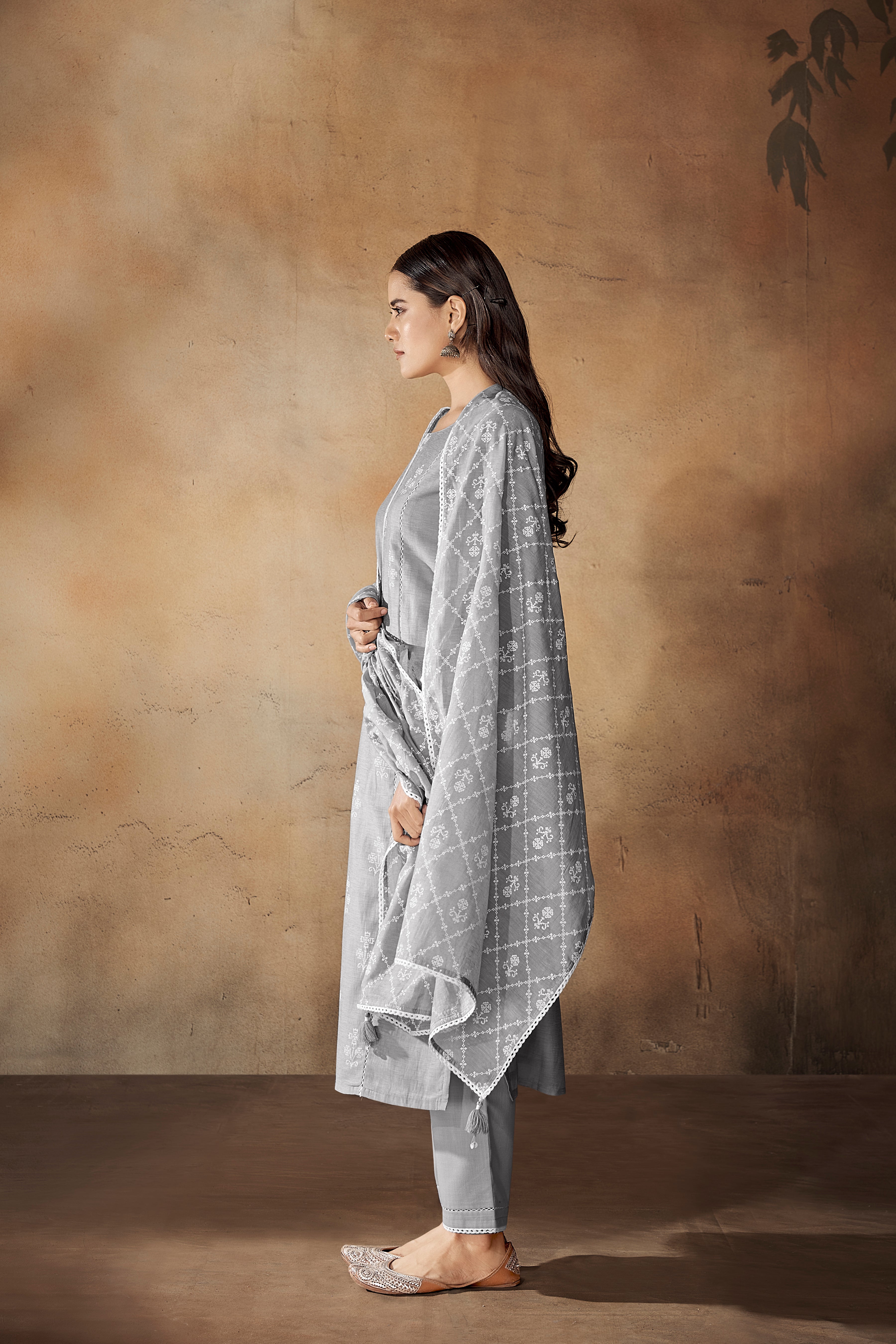 Grey Tawny Modern Chic Silk Kurta Set-fourbuttons-in