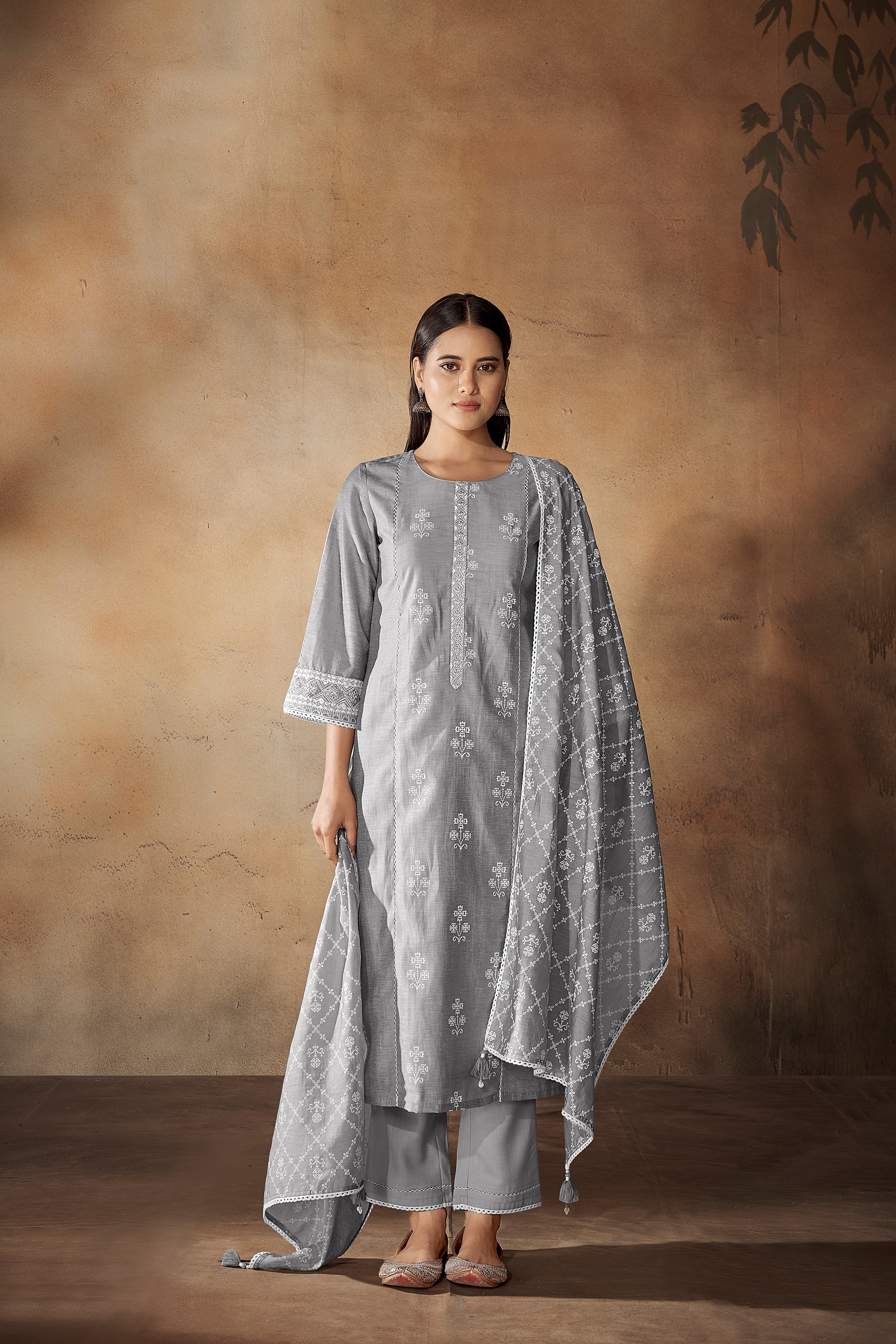 Grey Tawny Modern Chic Silk Kurta Set-fourbuttons-in