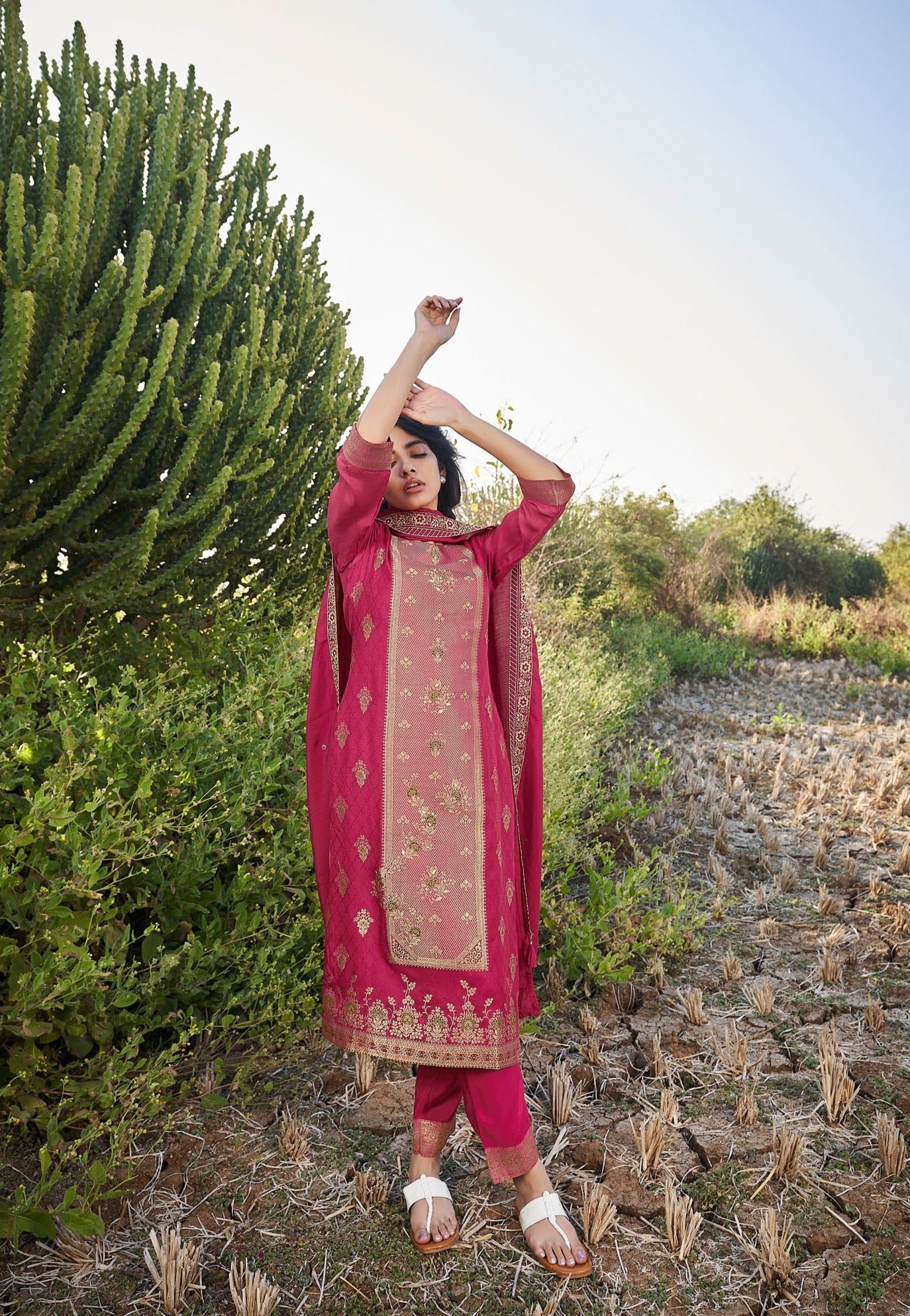 Imperial Magenta Rani Loomed Silk Kurta Set-fourbuttons-in