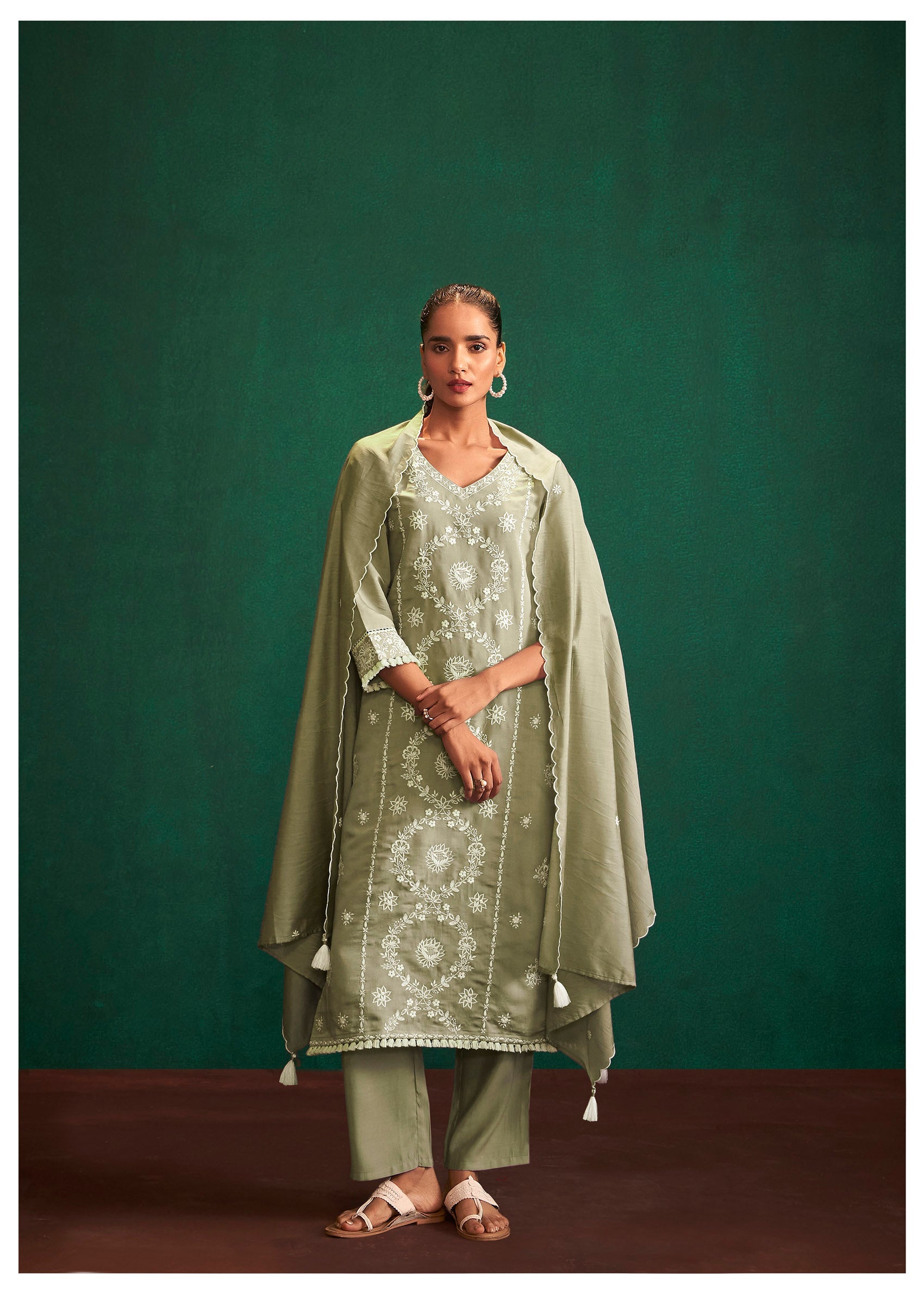 Jade Blossom Chikankari Embroidered Set-fourbuttons-in