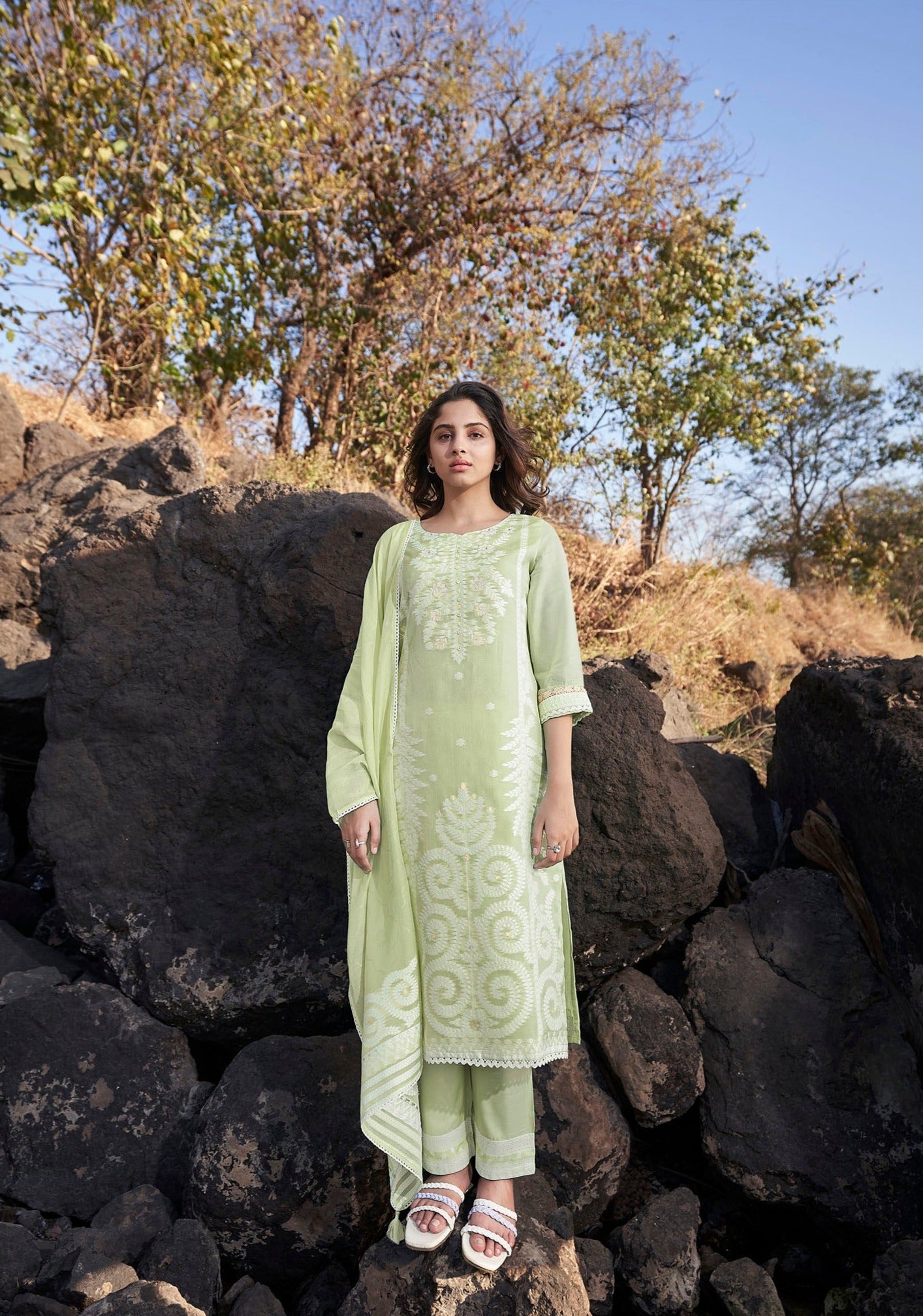 Jade Tinted Woven Silk Kurta Set-fourbuttons-in