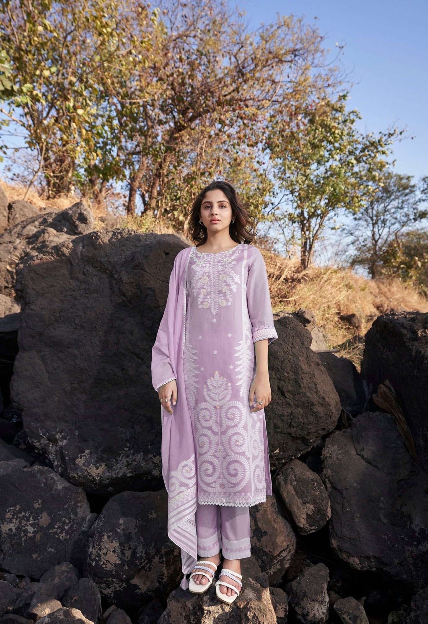 Lavender Chanderi Kurta Set-fourbuttons-in