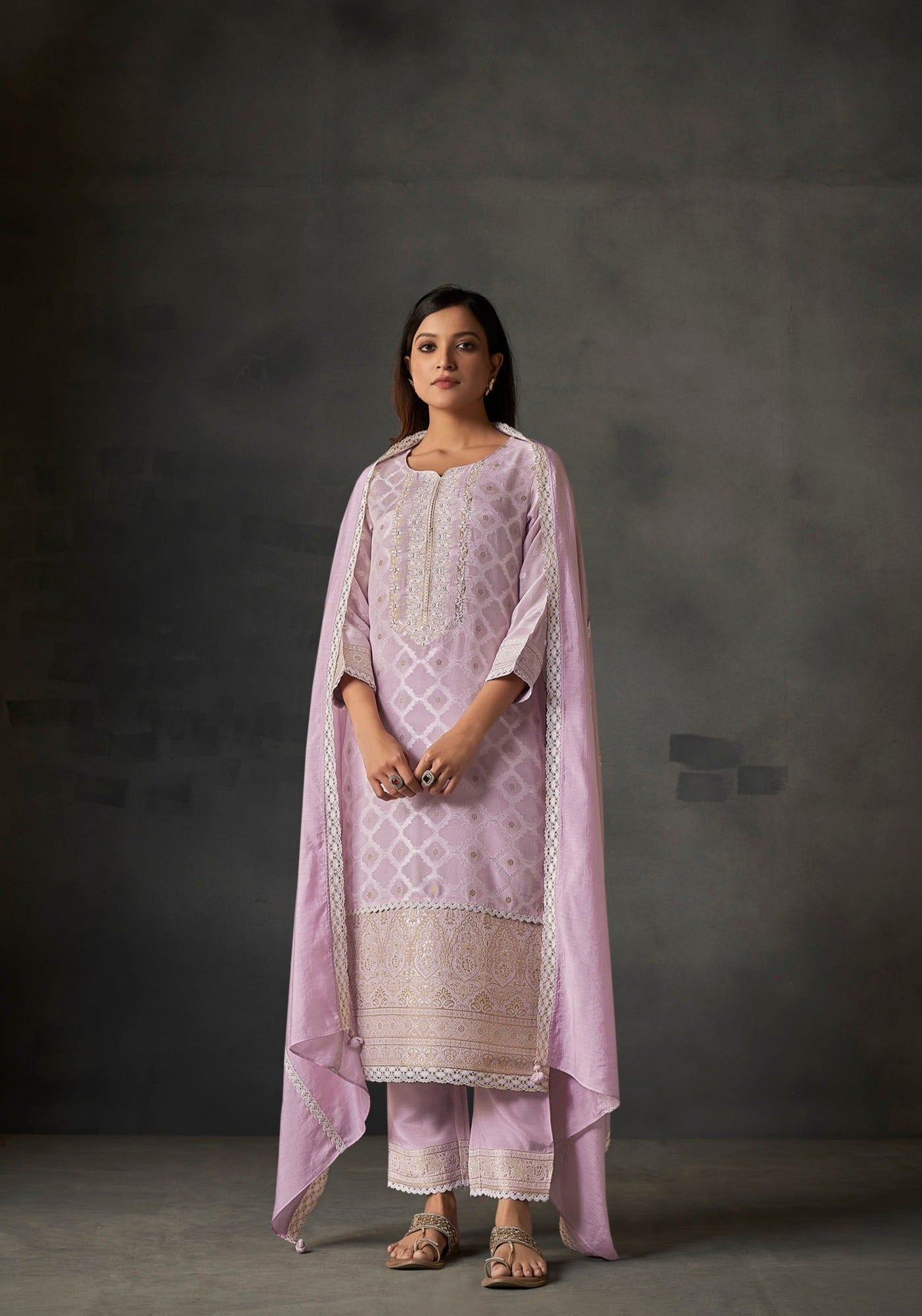 Lavender Lace White Woven Silk Kurta Set-fourbuttons-in