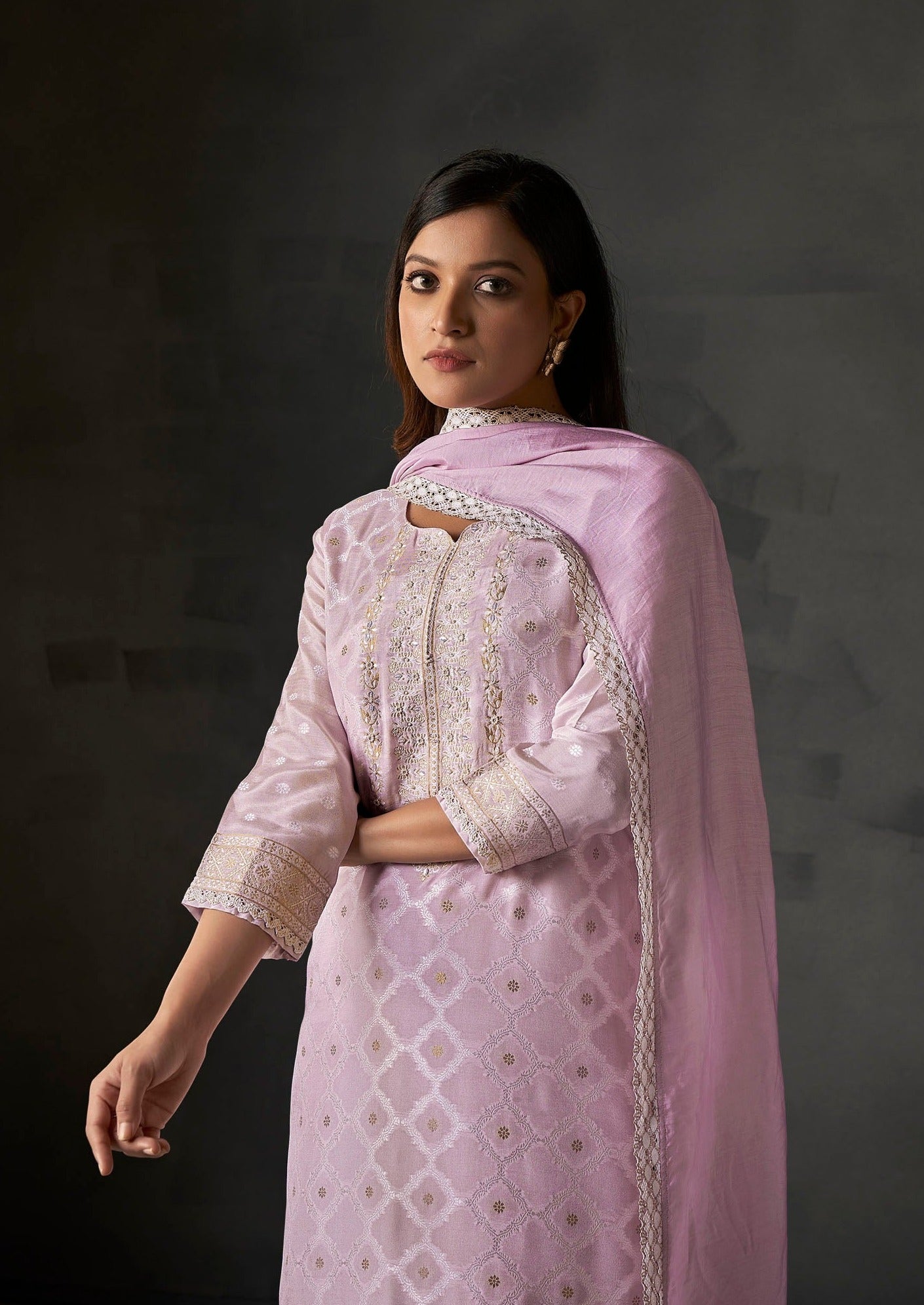 Lavender Lace White Woven Silk Kurta Set-fourbuttons-in