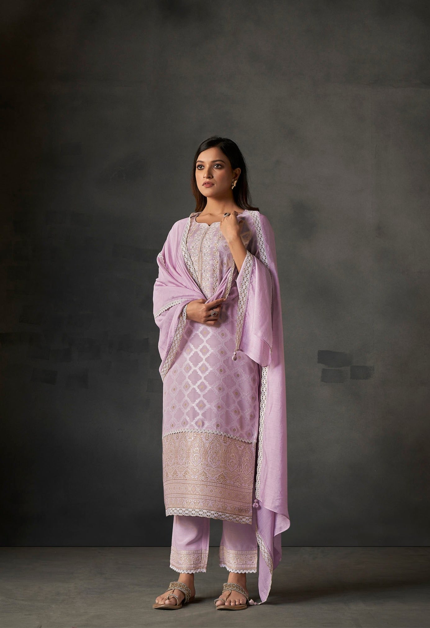 Lavender Lace White Woven Silk Kurta Set-fourbuttons-in