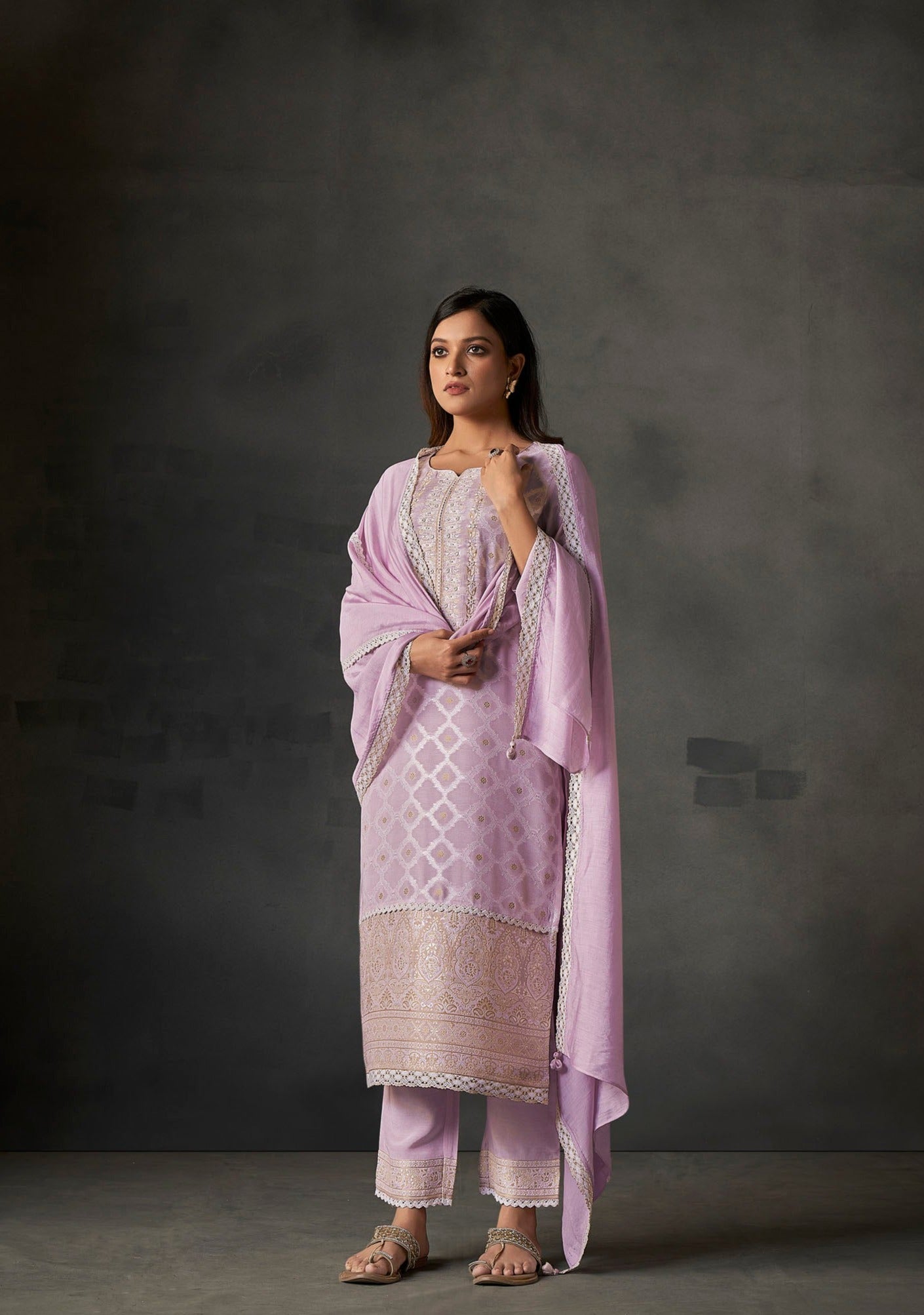 Lavender Lace White Woven Silk Kurta Set-fourbuttons-in