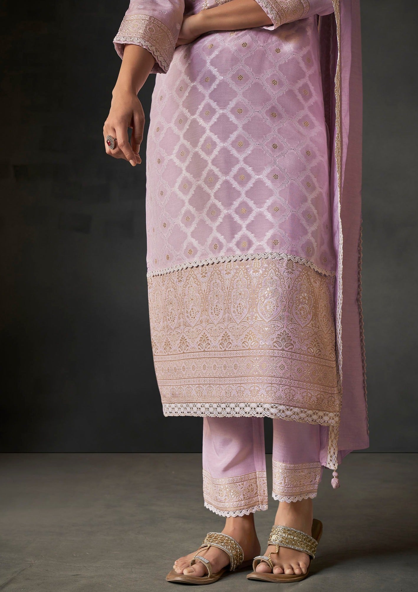 Lavender Lace White Woven Silk Kurta Set-fourbuttons-in