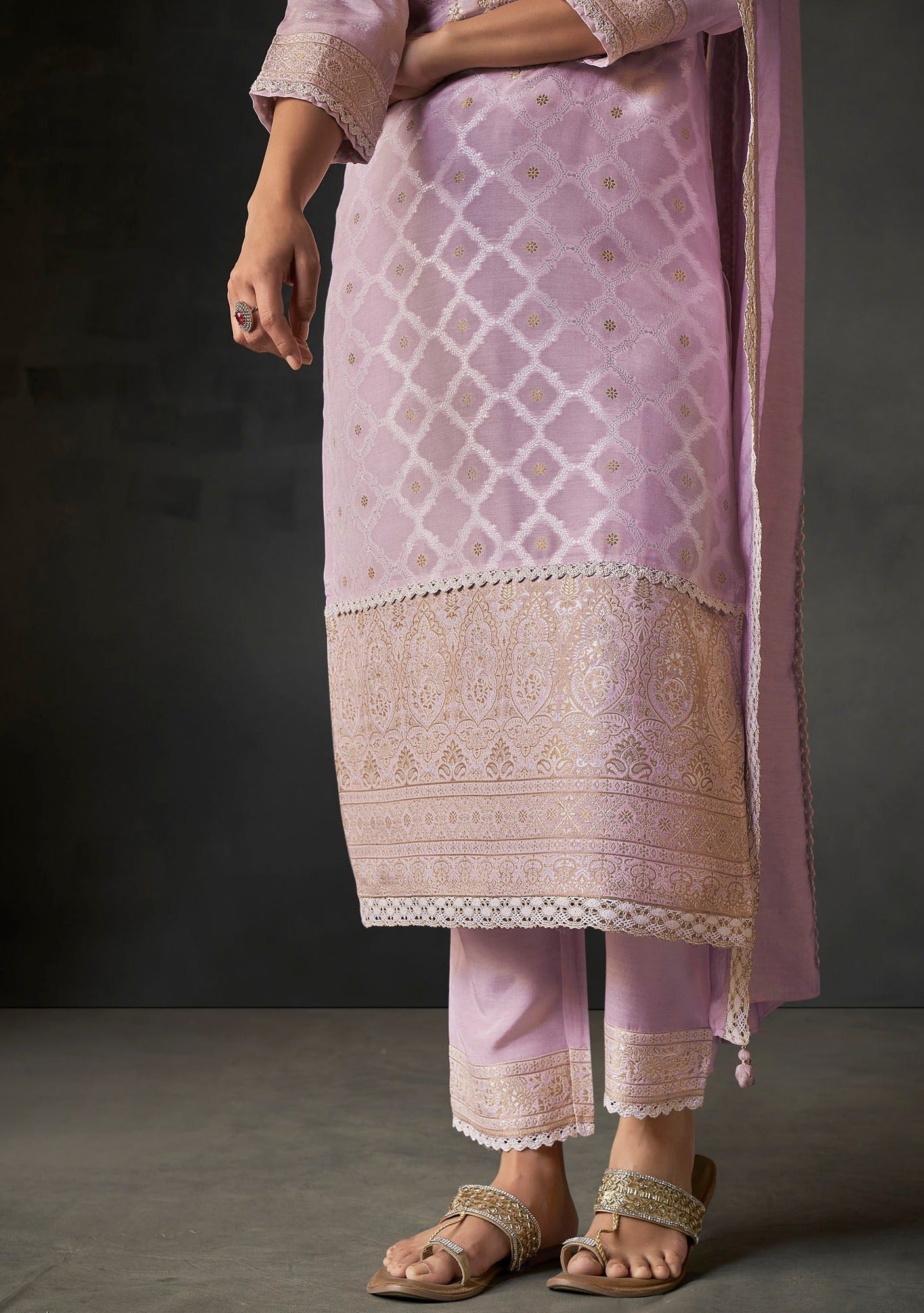 Lavender Lace White Woven Silk Kurta Set-fourbuttons-in