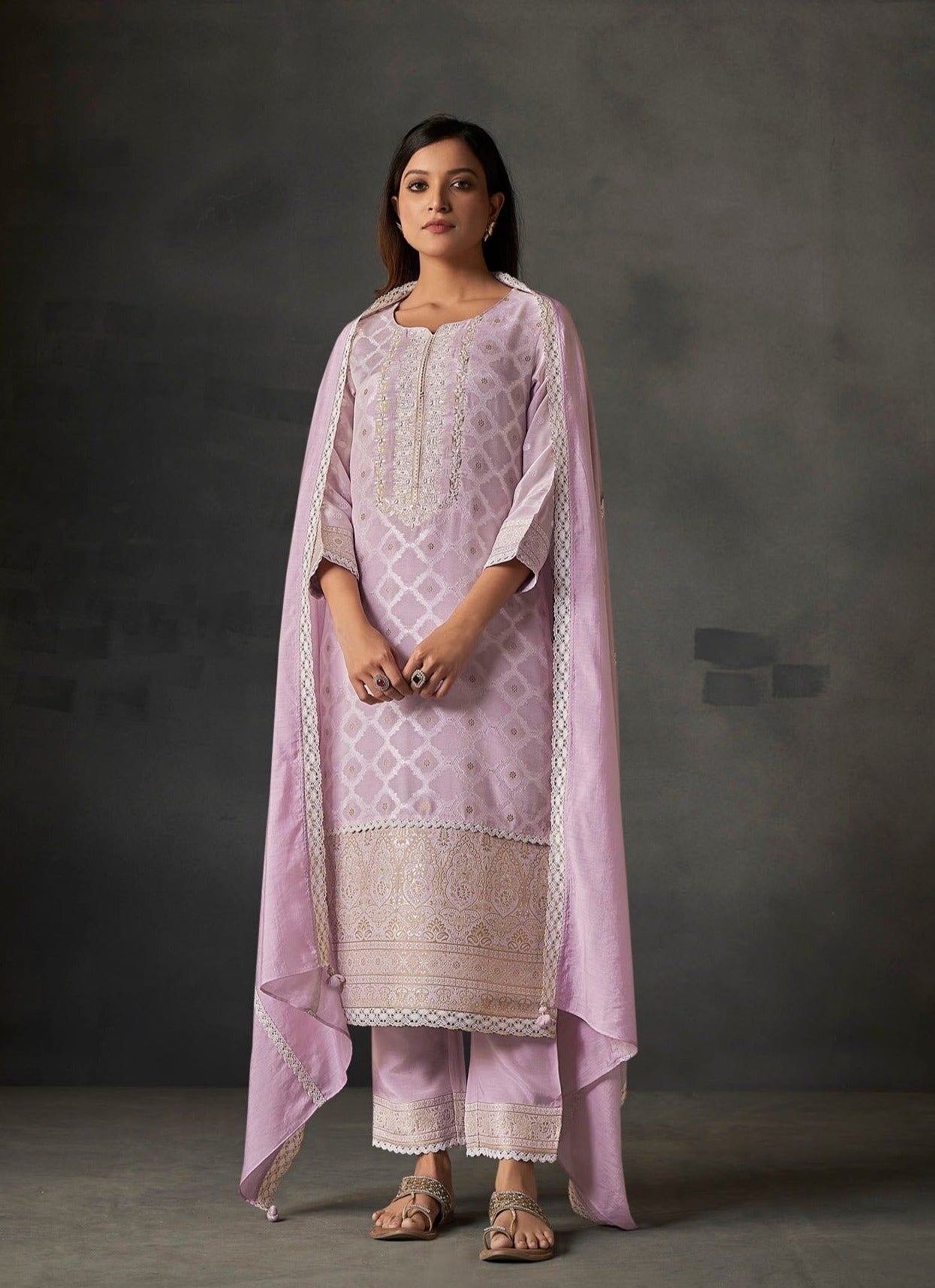 Lavender Lace White Woven Silk Kurta Set-fourbuttons-in