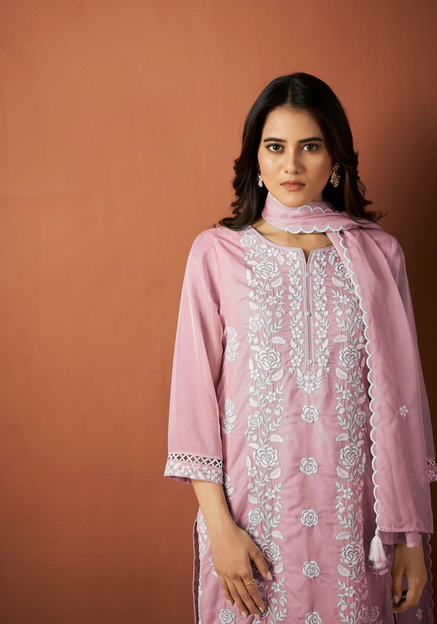 Lavender Organza Chikankari Kurta Set-fourbuttons-in