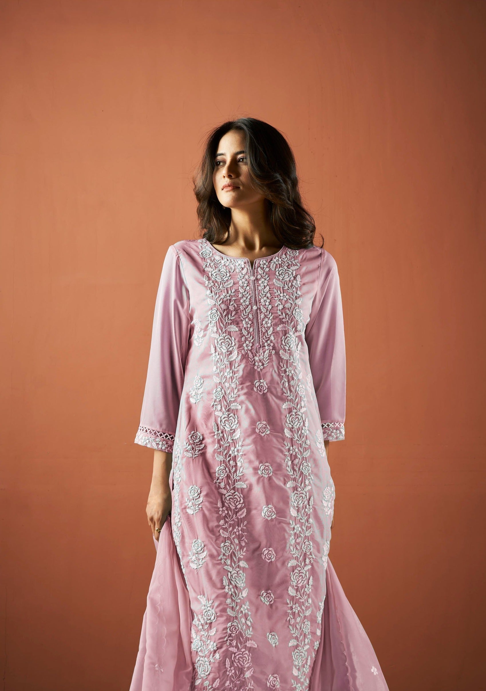 Lavender Organza Chikankari Kurta Set-fourbuttons-in