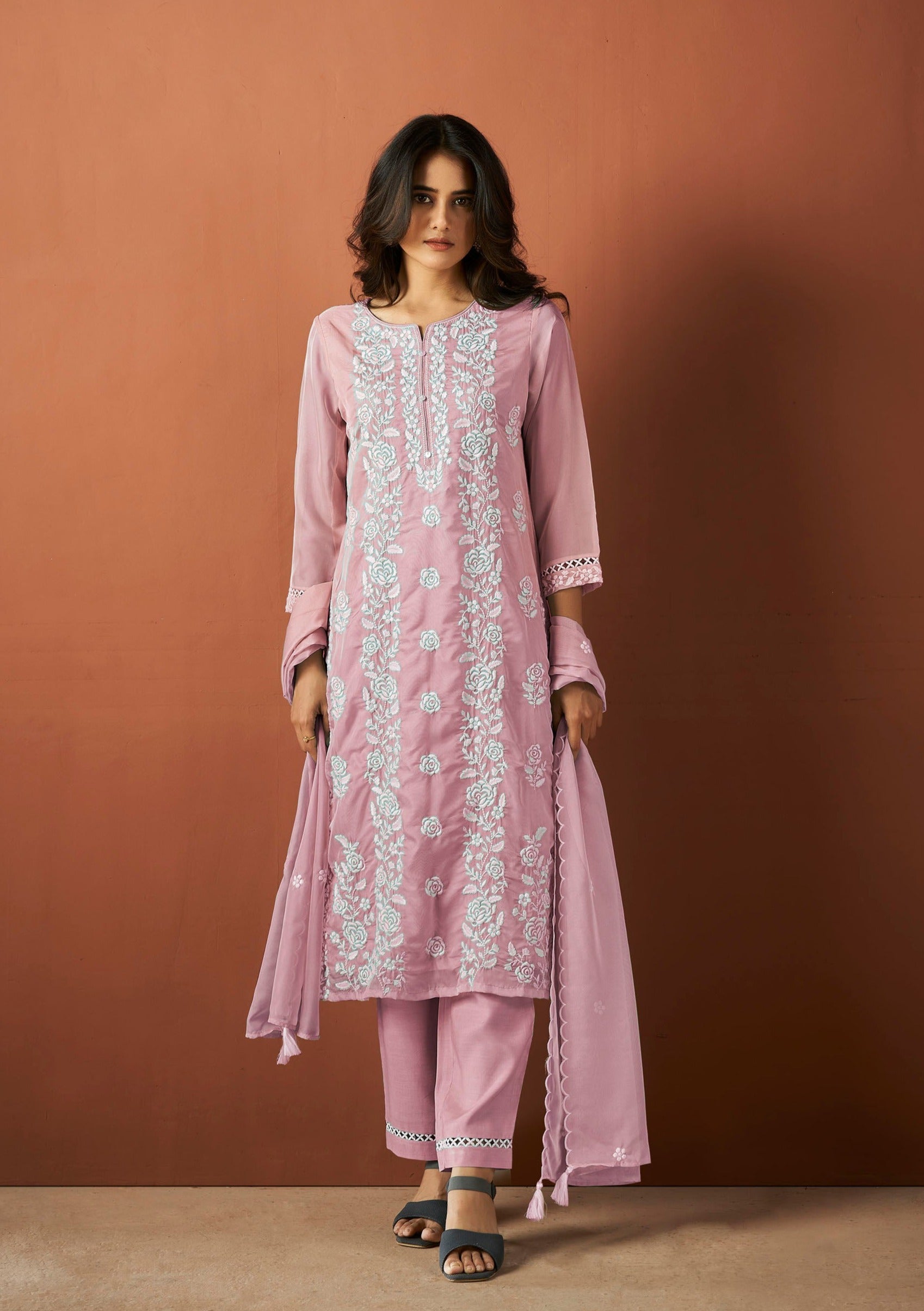 Lavender Organza Chikankari Kurta Set-fourbuttons-in