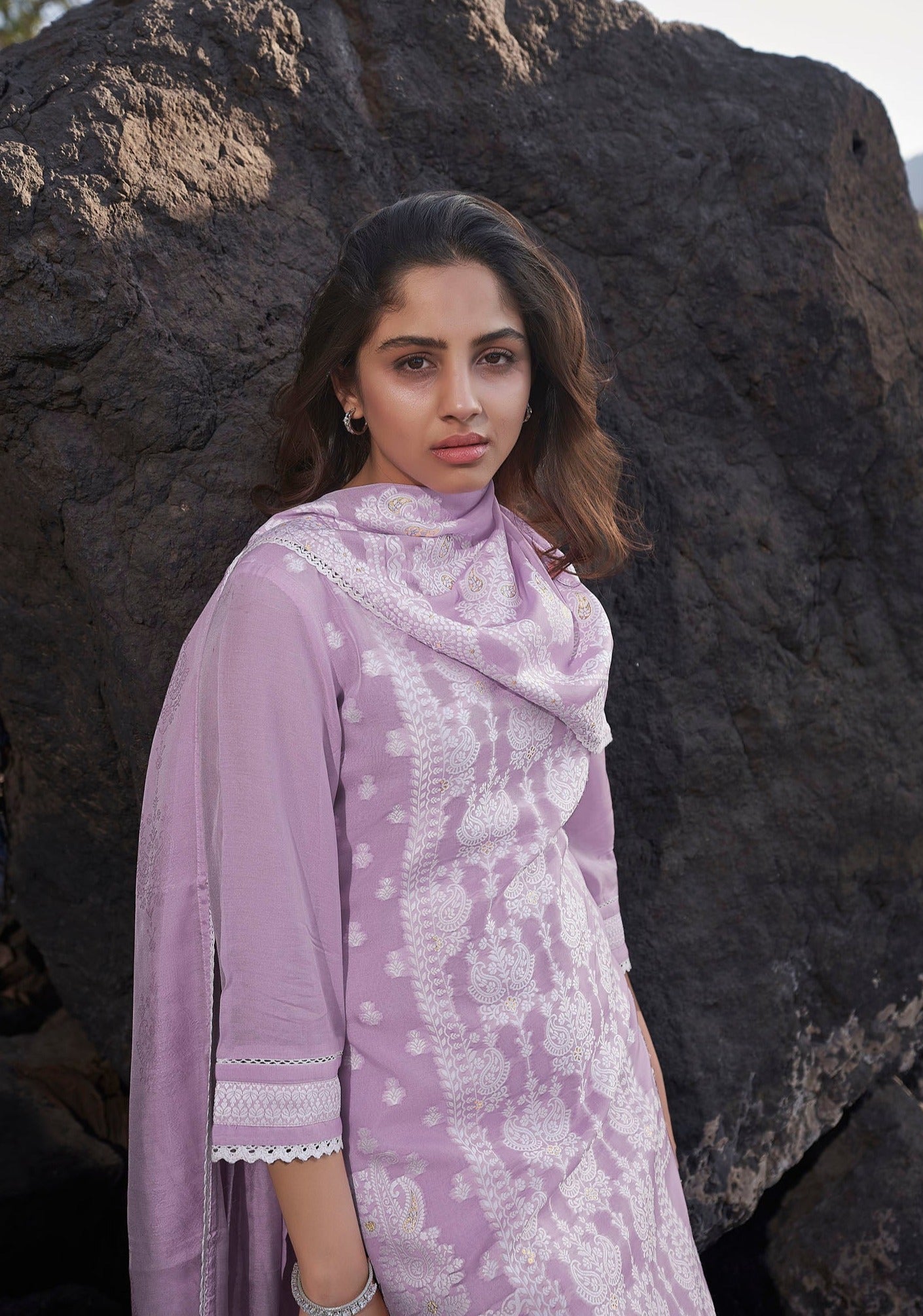 Lilac Infused Textured Silk Kurta Set-fourbuttons-in