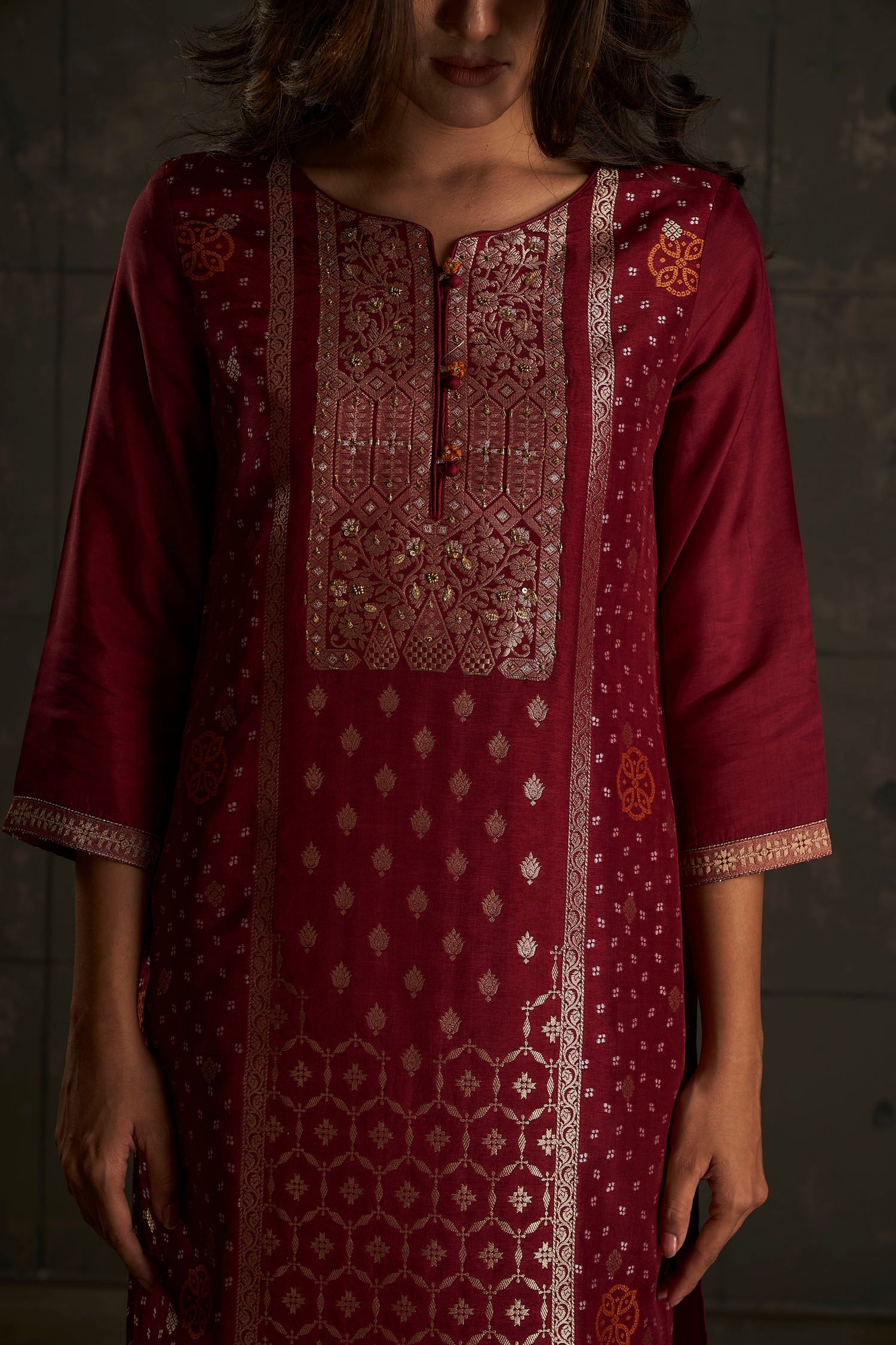 Luxurious Wine Woven Silk Kurta Set-fourbuttons-in