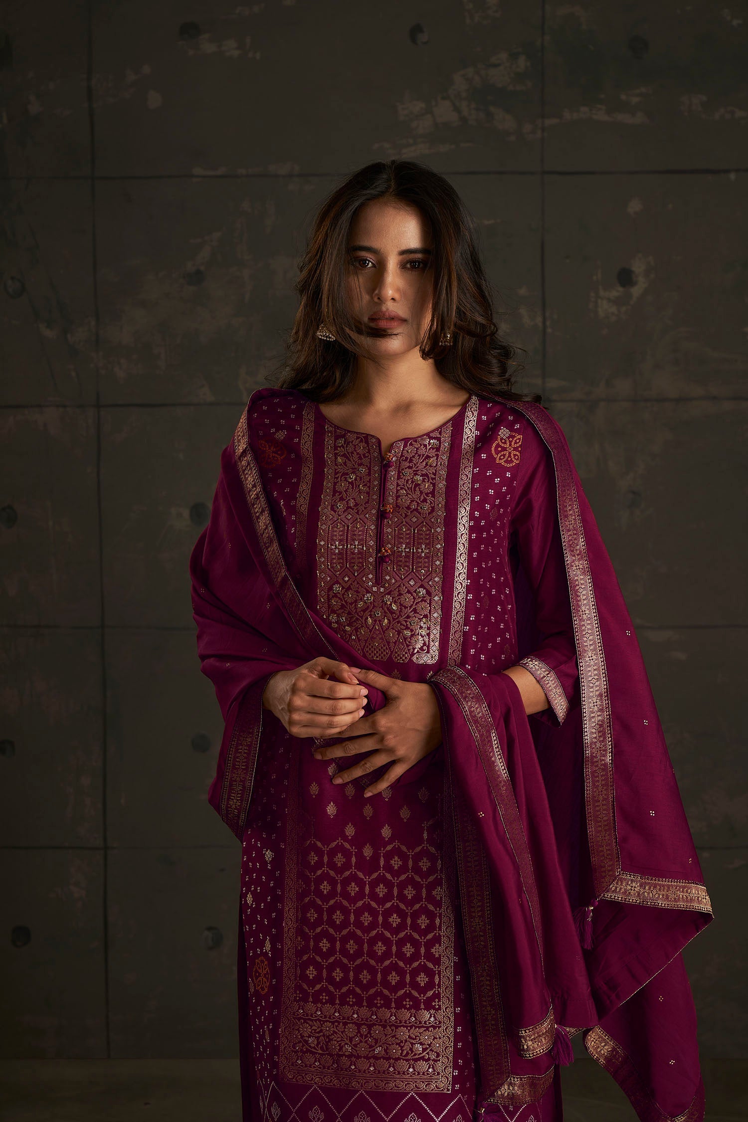 Luxurious Wine Woven Silk Kurta Set-fourbuttons-in