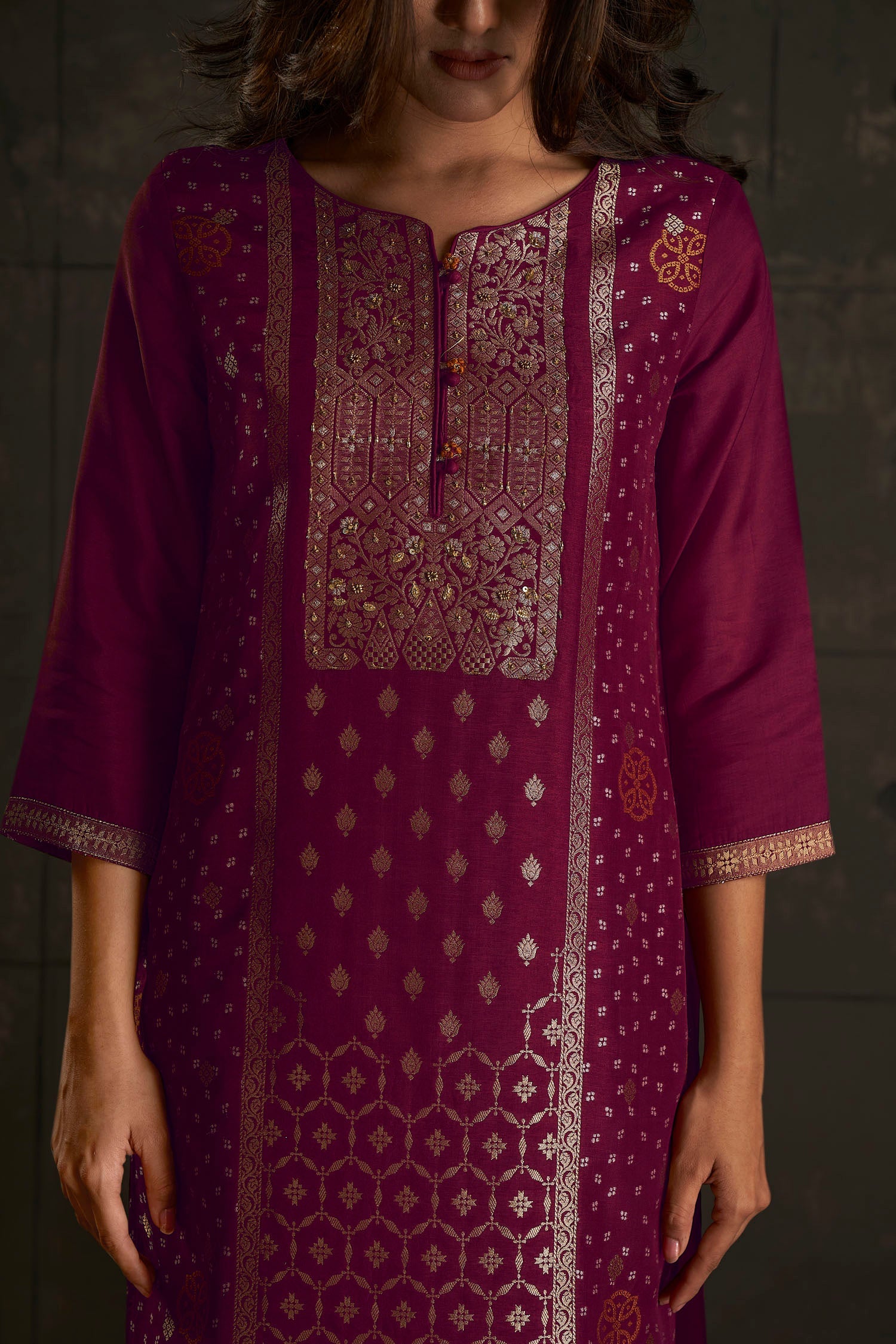 Luxurious Wine Woven Silk Kurta Set-fourbuttons-in