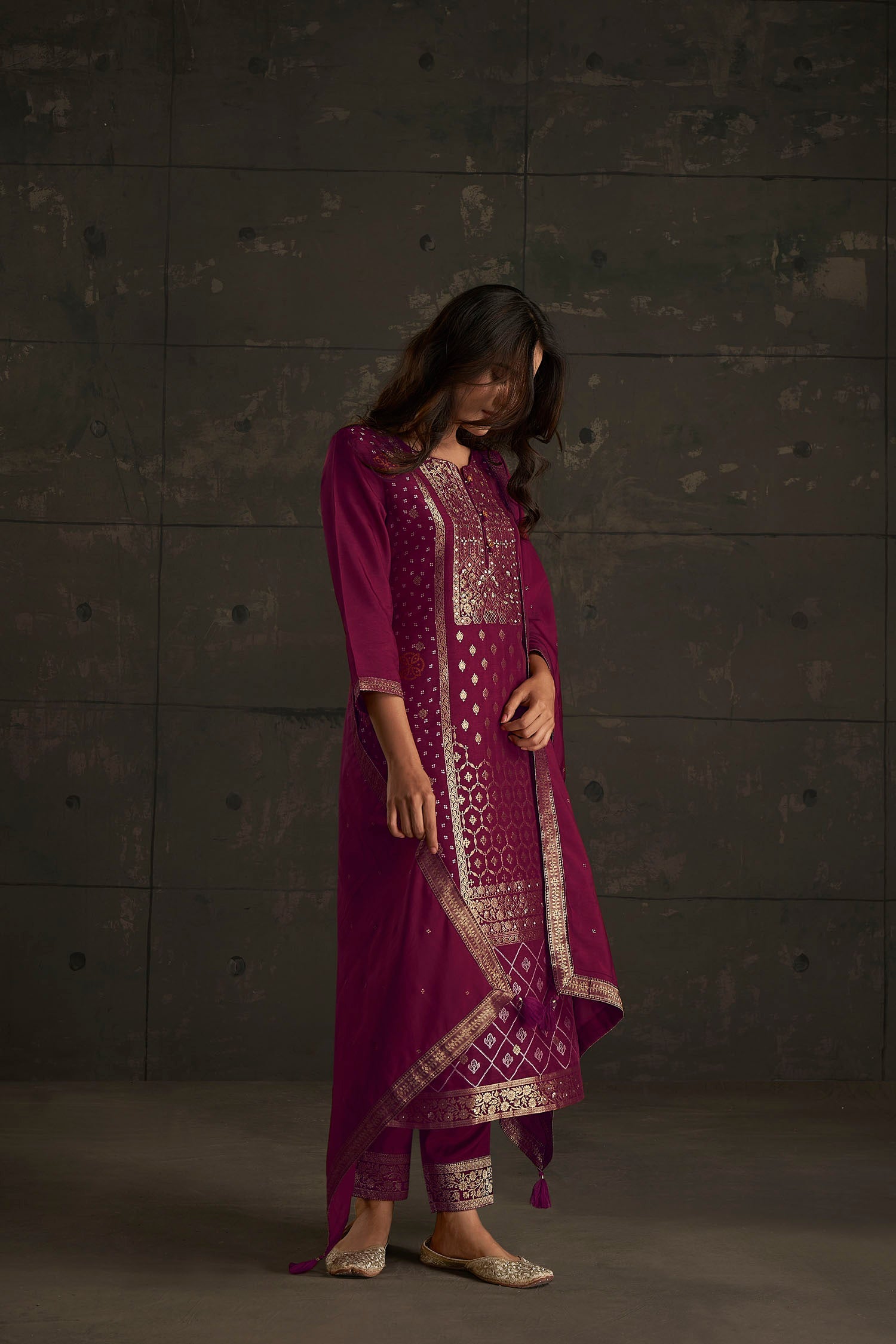 Luxurious Wine Woven Silk Kurta Set-fourbuttons-in