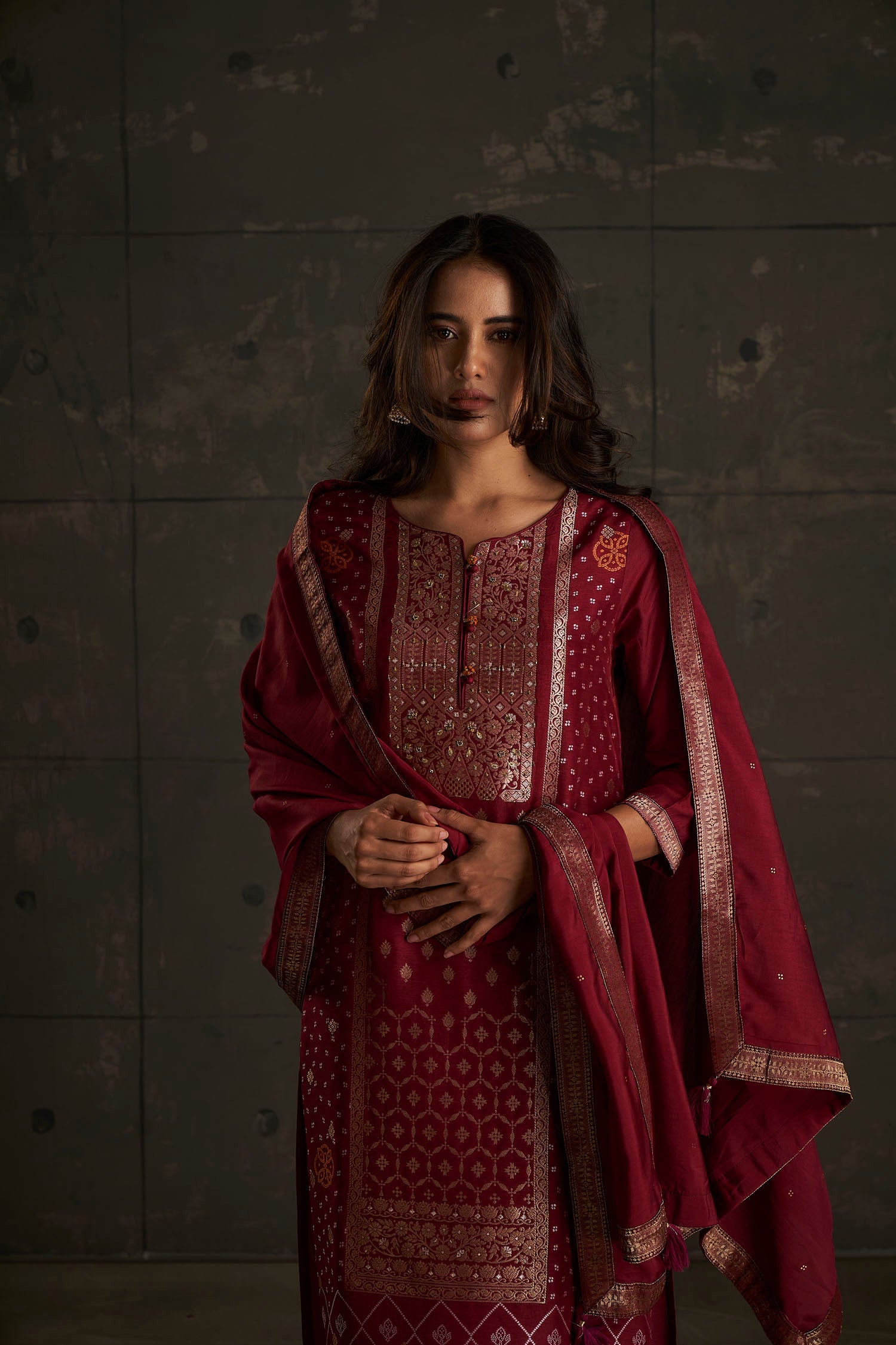 Luxurious Wine Woven Silk Kurta Set-fourbuttons-in