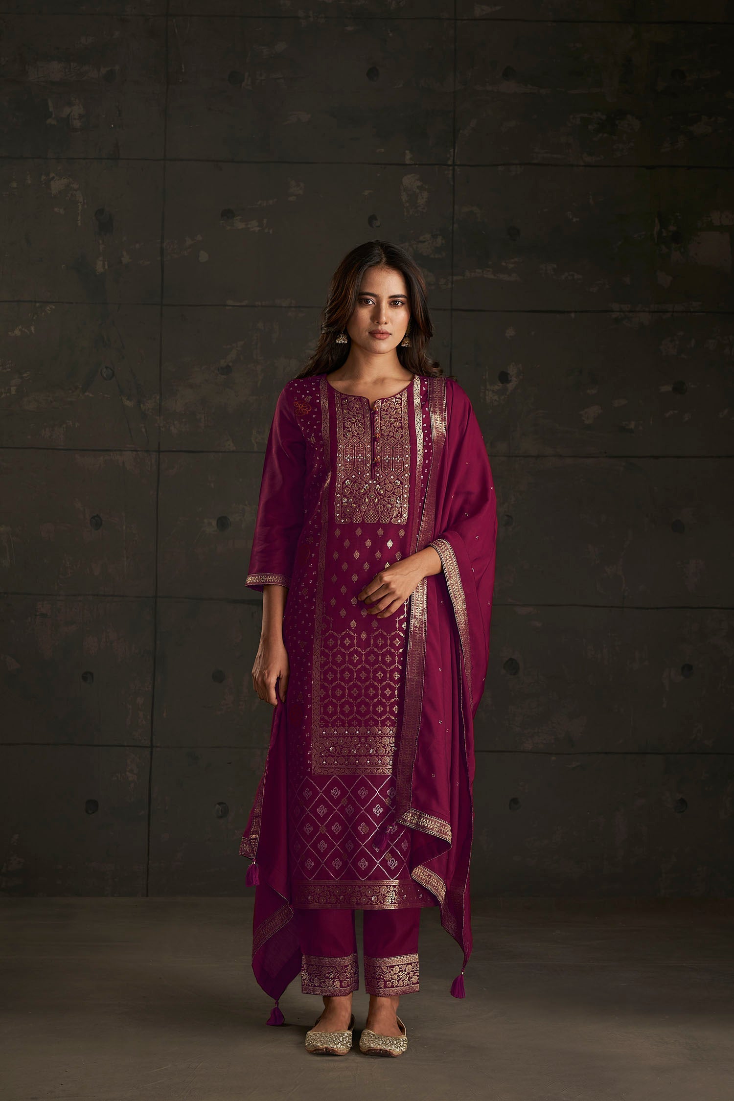 Luxurious Wine Woven Silk Kurta Set-fourbuttons-in