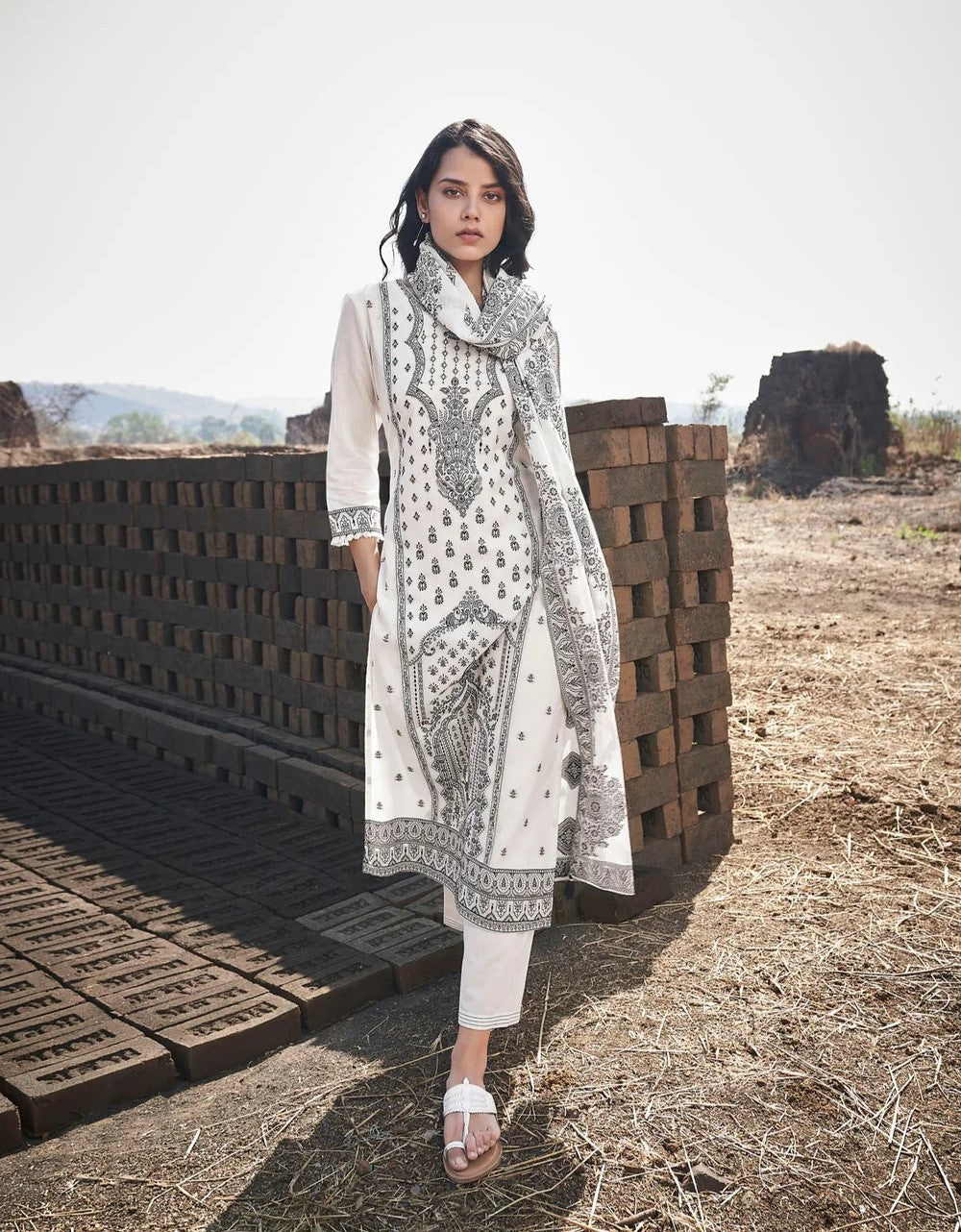 Moon White Cotton Kurta Set-fourbuttons-in