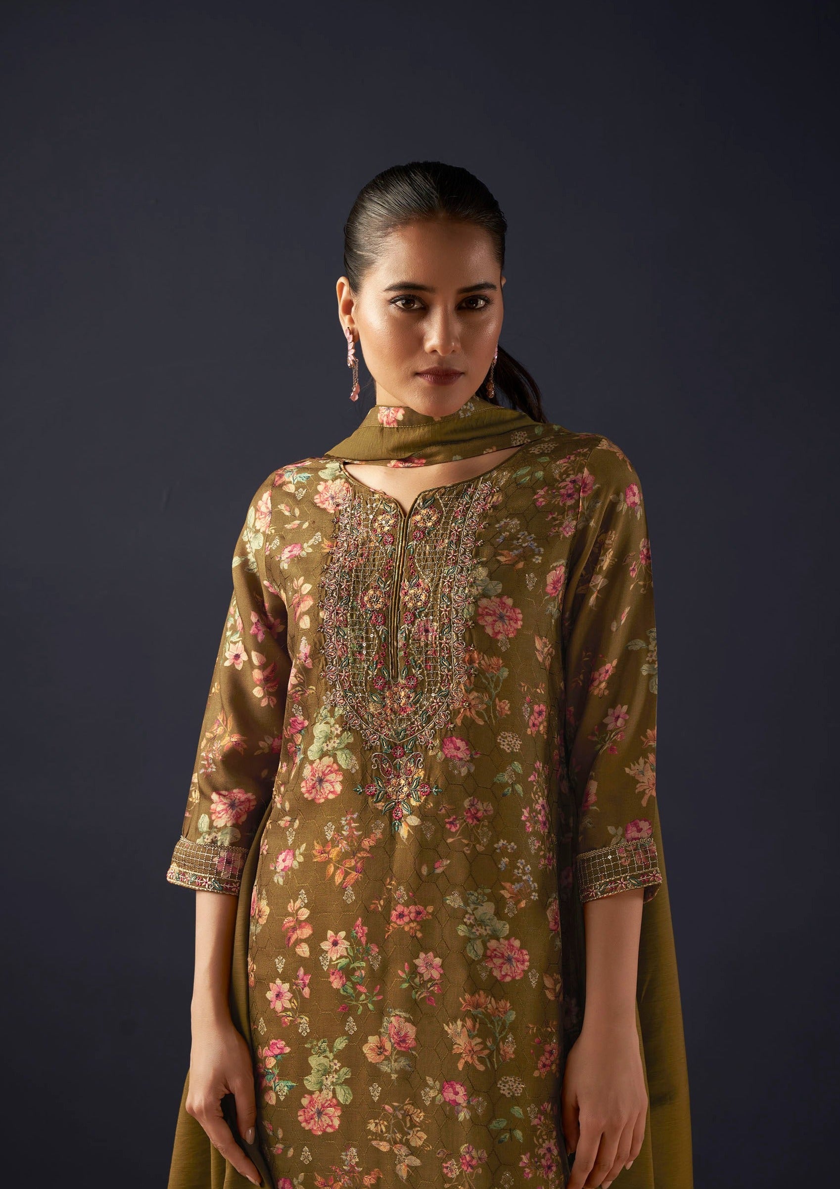 Mustard Jacquard Digital Print Kurta Set-fourbuttons-in