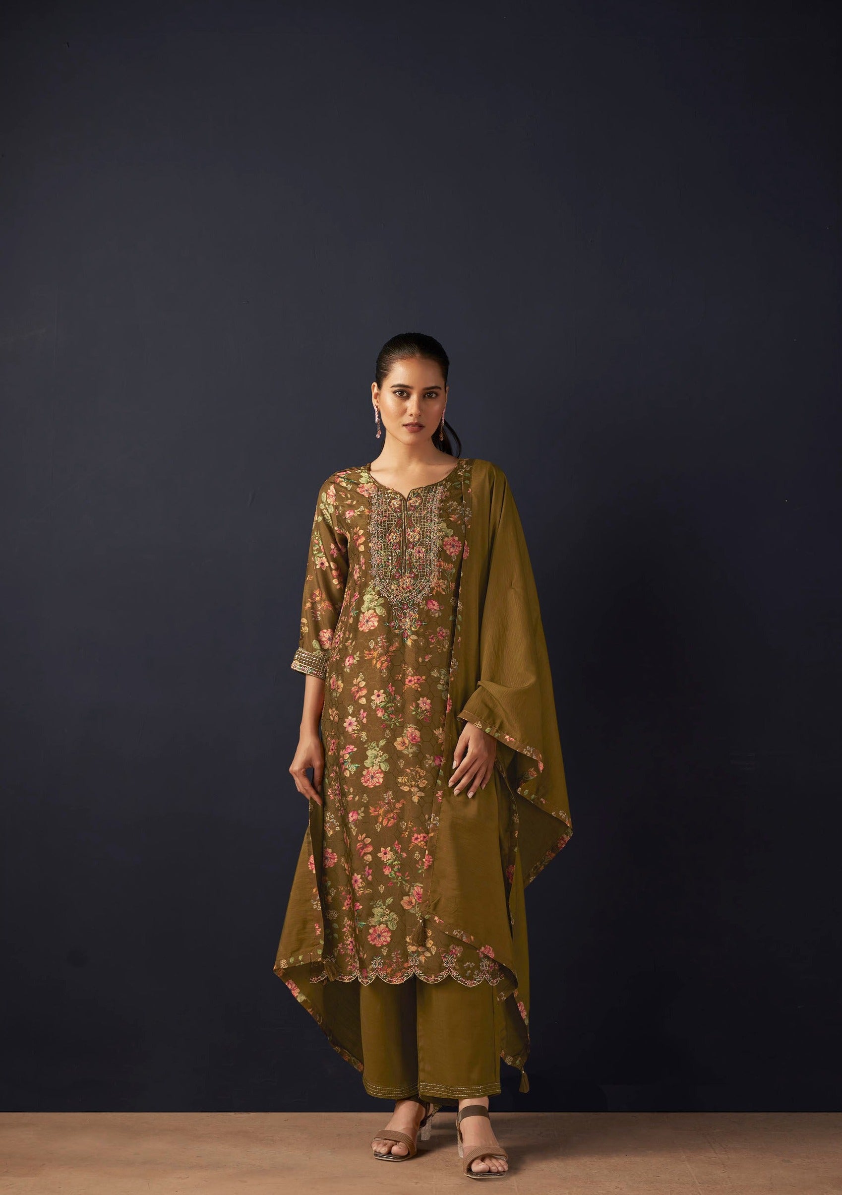 Mustard Jacquard Digital Print Kurta Set-fourbuttons-in