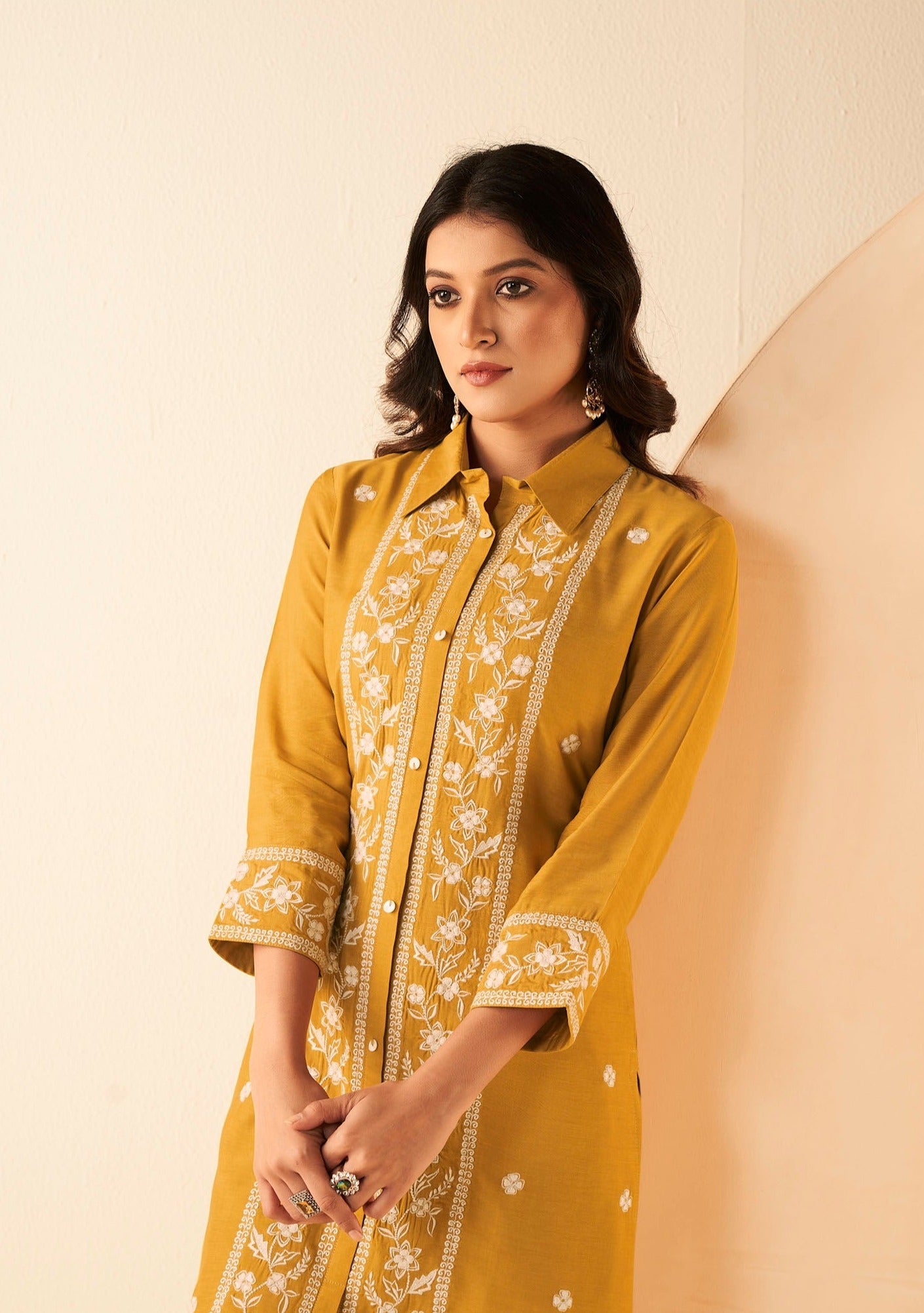 Mustard Muslin Single Thread Co-ords-fourbuttons-in