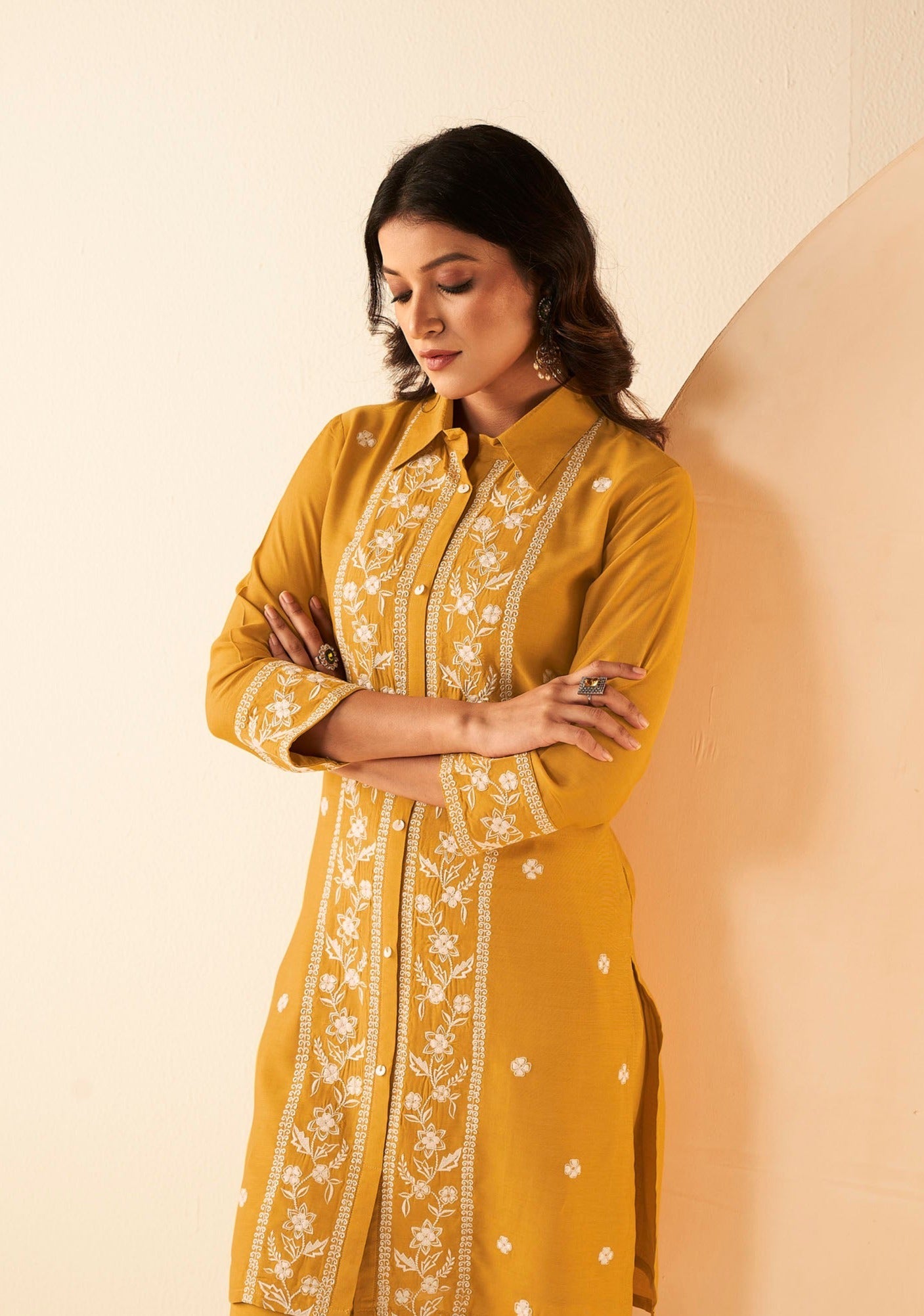 Mustard Muslin Single Thread Co-ords-fourbuttons-in