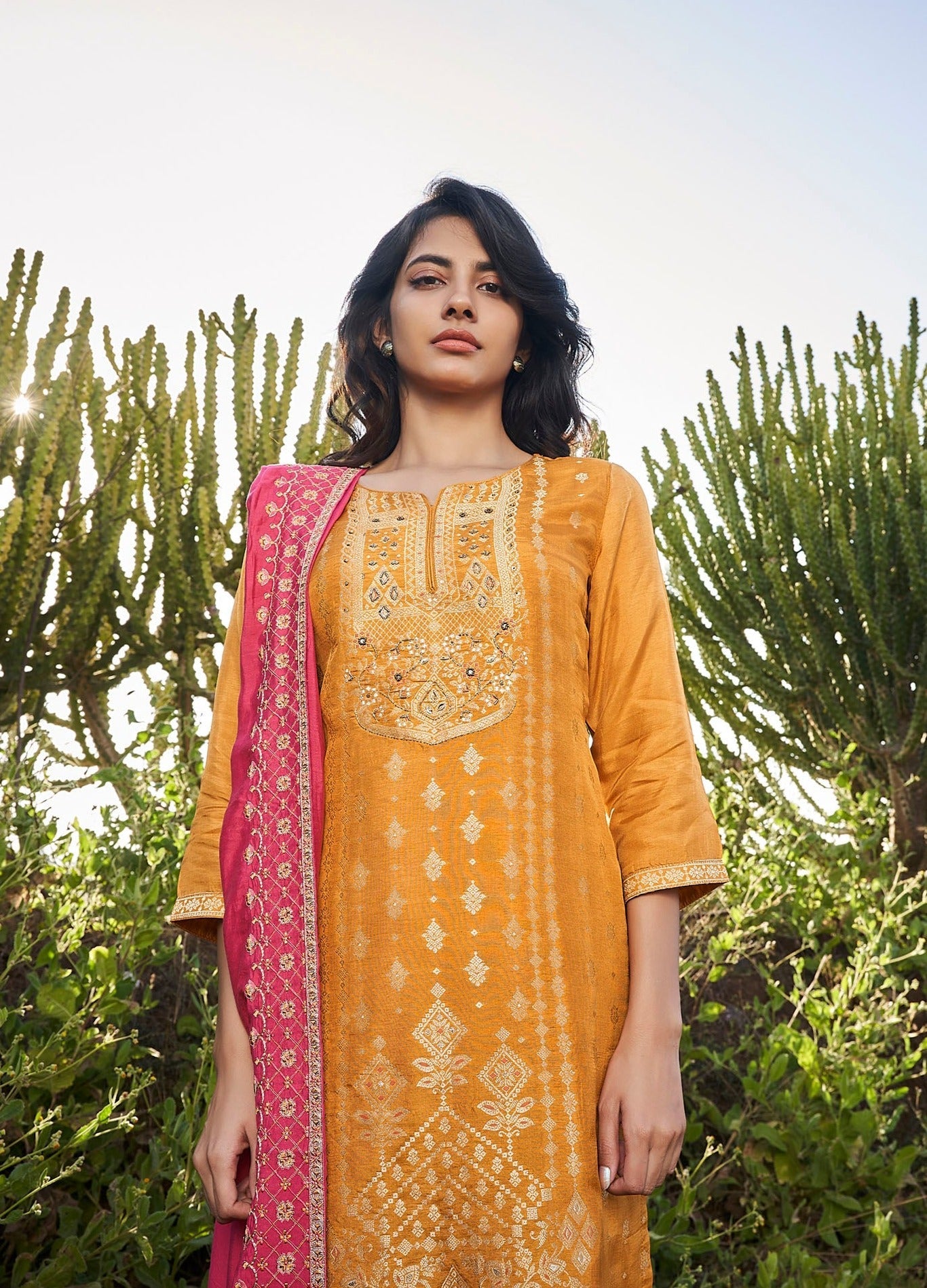 Mustard Mystique Woven Silk Kurta Set-fourbuttons-in