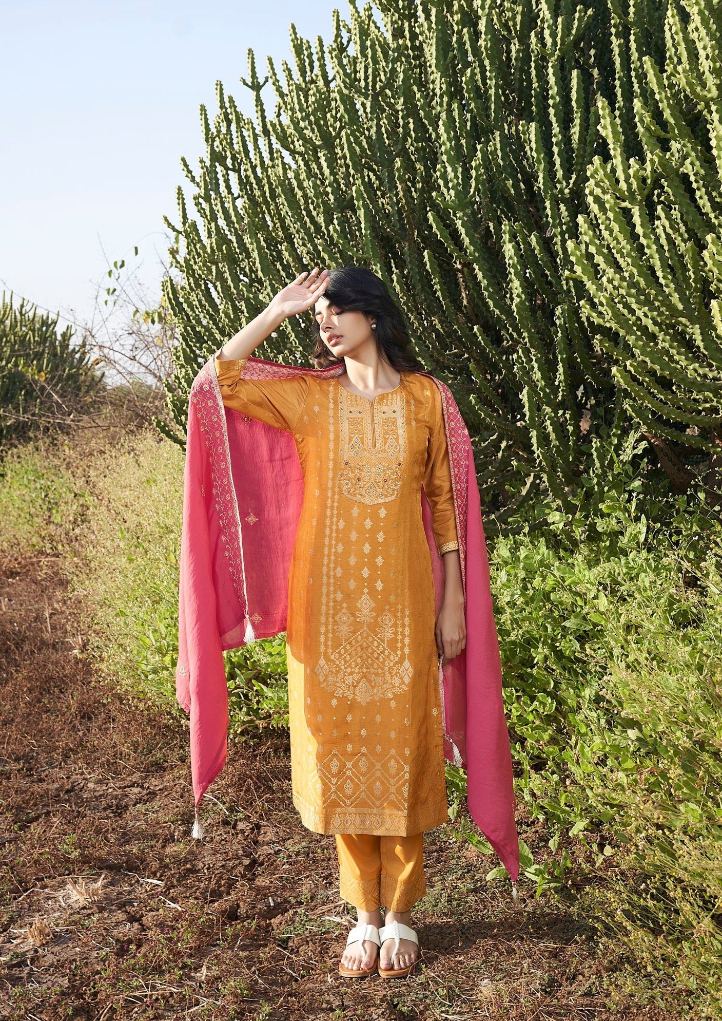 Mustard Mystique Woven Silk Kurta Set-fourbuttons-in