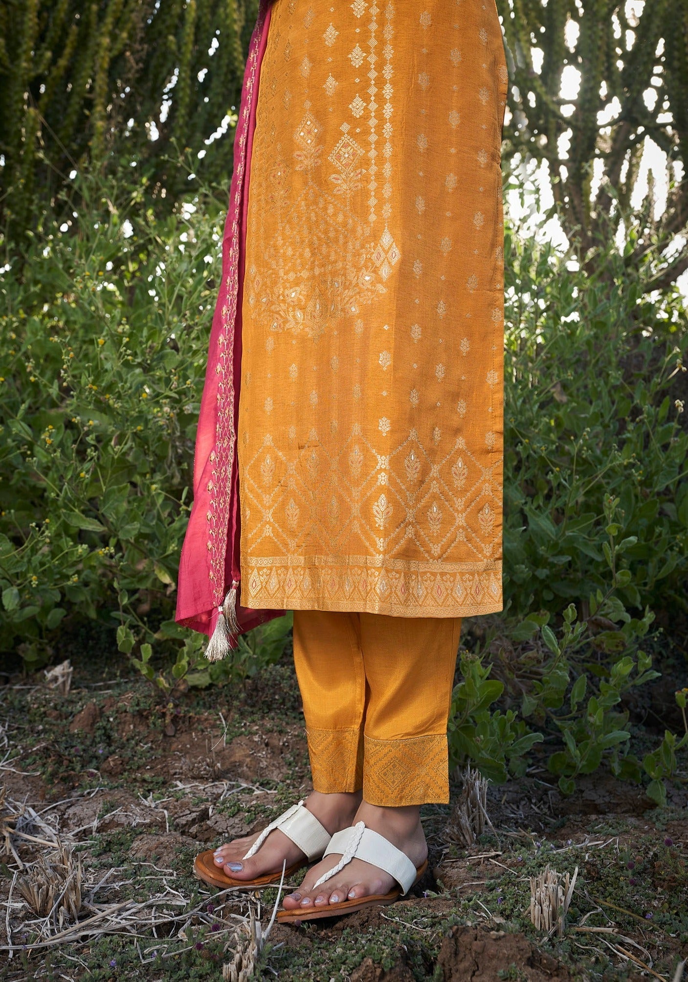 Mustard Mystique Woven Silk Kurta Set-fourbuttons-in