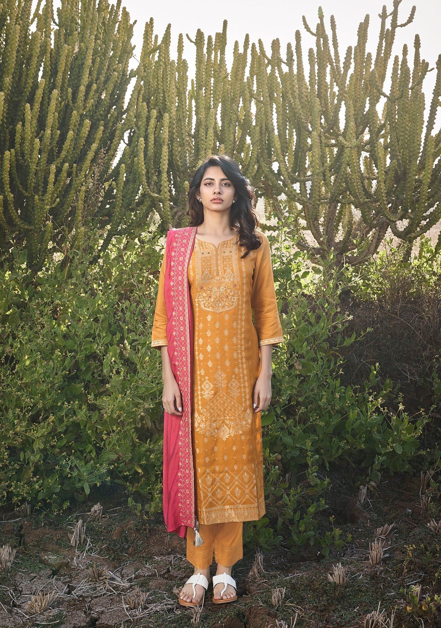 Mustard Mystique Woven Silk Kurta Set-fourbuttons-in