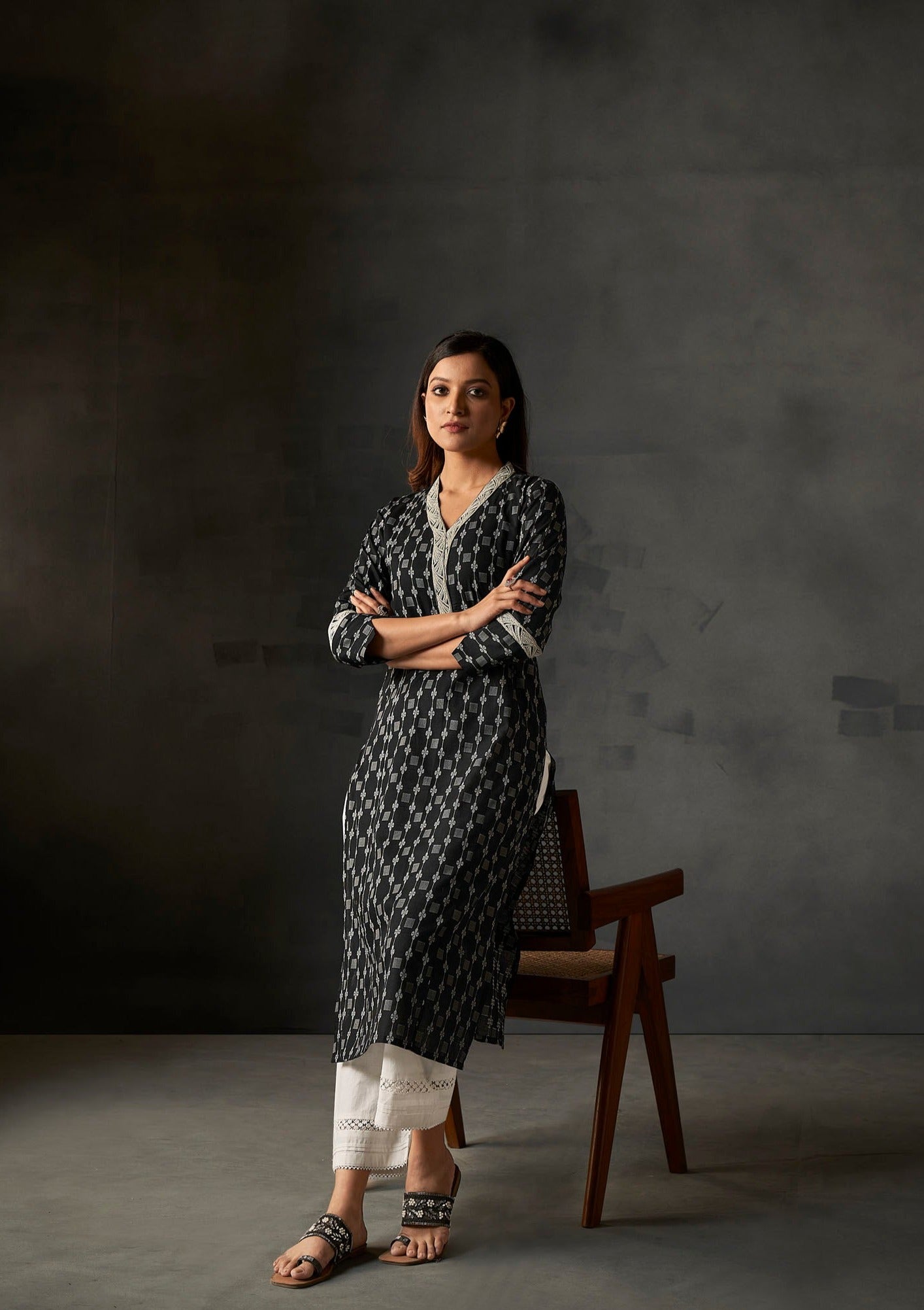 Noir Chic Cotton Kurta Set-fourbuttons-in