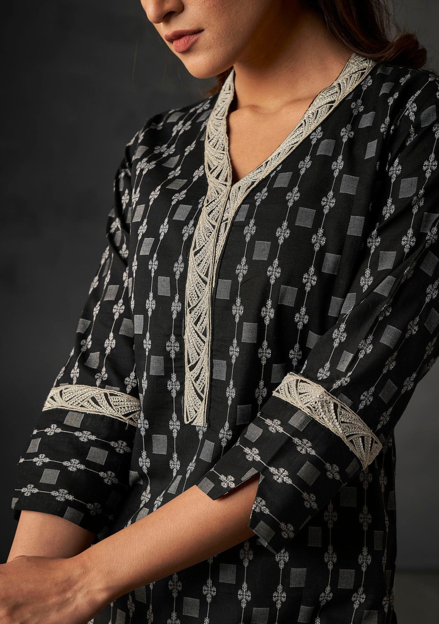 Noir Chic Cotton Kurta Set-fourbuttons-in