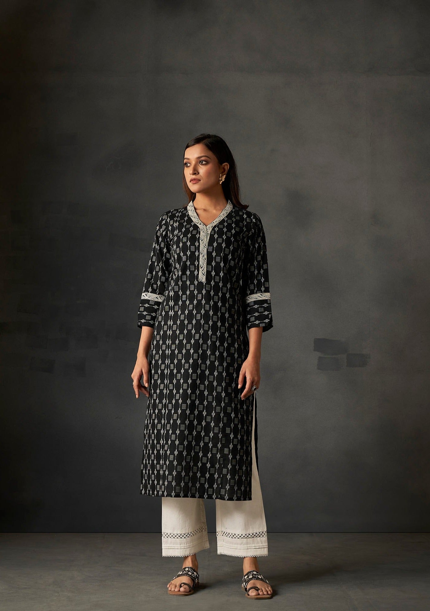 Noir Chic Cotton Kurta Set-fourbuttons-in