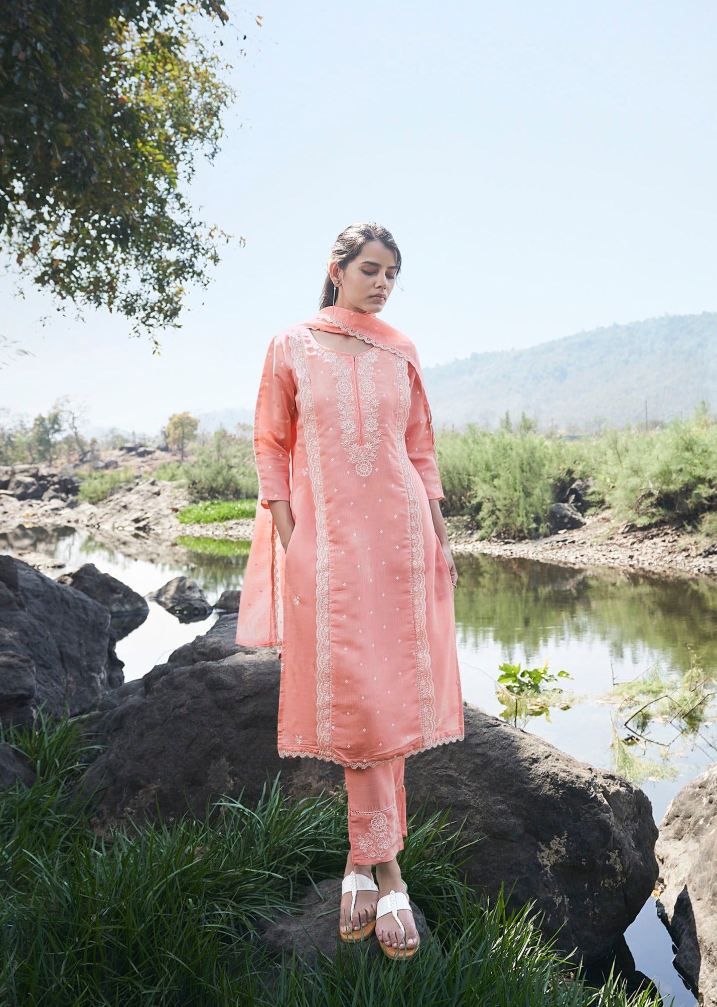 Peach Chikankari Kurta Set-fourbuttons-in