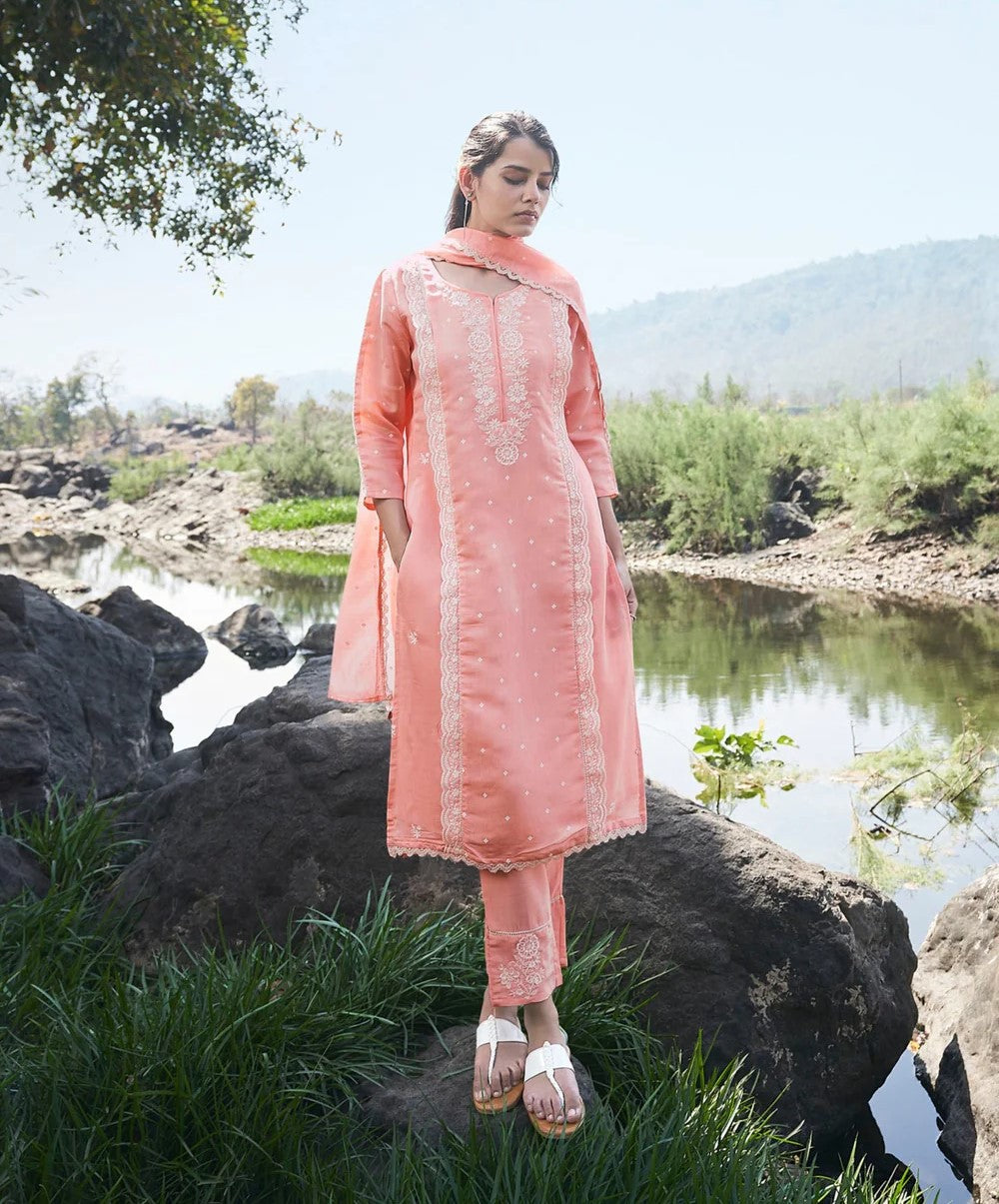 Peach Chikankari Kurta Set-fourbuttons-in