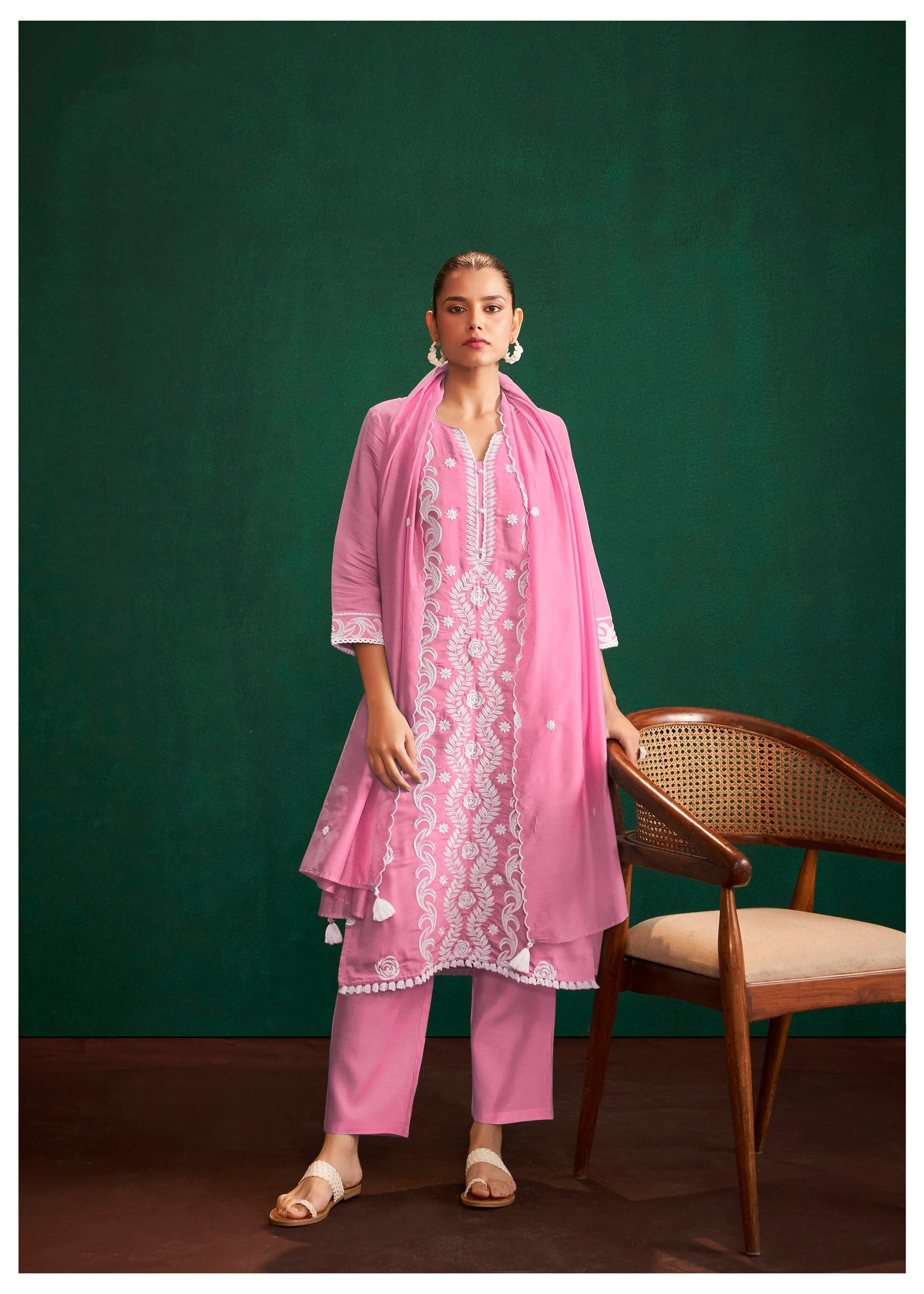 Petal Pink Chikankari Modal Chanderi Set-fourbuttons-in